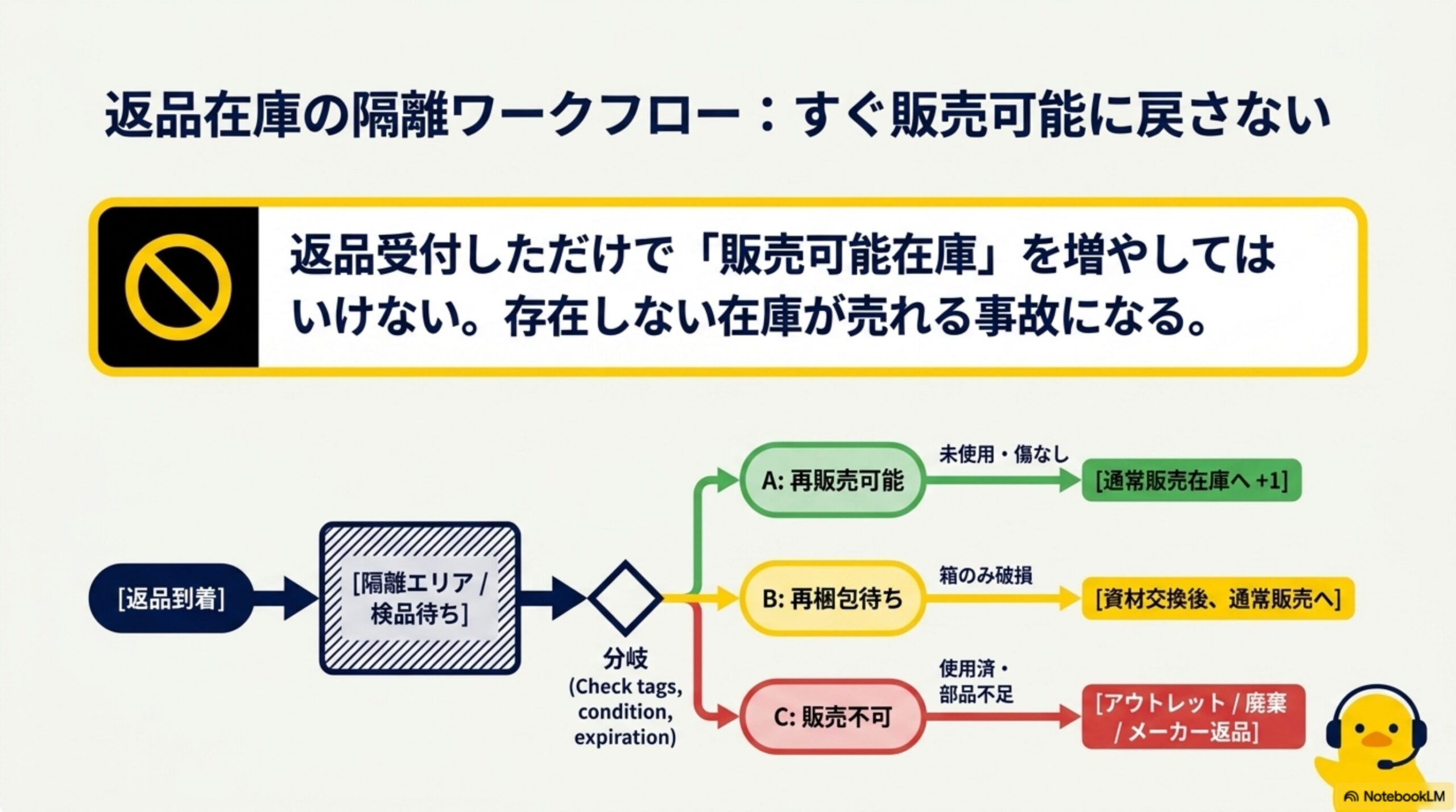 返品在庫の隔離ワークフロー：すぐ販売可能に戻さない。返品受付しただけで販売可能在庫を増やしてはいけない、存在しない在庫が売れる事故になる。返品到着→隔離エリア/検品待ち→分岐（Check tags, condition, expiration）→A再販売可能（未使用・傷なし）→通常販売在庫へ+1／B再梱包待ち（箱のみ破損）→資材交換後、通常販売へ／C販売不可（使用済・部品不足）→アウトレット/廃棄/メーカー返品