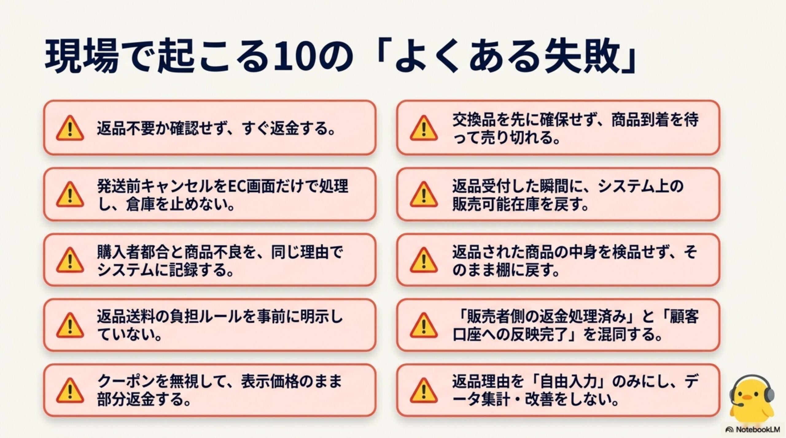 現場で起こる10のよくある失敗。返品不要か確認せずすぐ返金する、発送前キャンセルをEC画面だけで処理し倉庫を止めない、購入者都合と商品不良を同じ理由でシステムに記録する、返品送料の負担ルールを事前に明示していない、クーポンを無視して表示価格のまま部分返金する、交換品を先に確保せず商品到着を待って売り切れる、返品受付した瞬間にシステム上の販売可能在庫を戻す、返品された商品の中身を検品せずそのまま棚に戻す、販売者側の返金処理済みと顧客口座への反映完了を混同する、返品理由を自由入力のみにしデータ集計・改善をしない