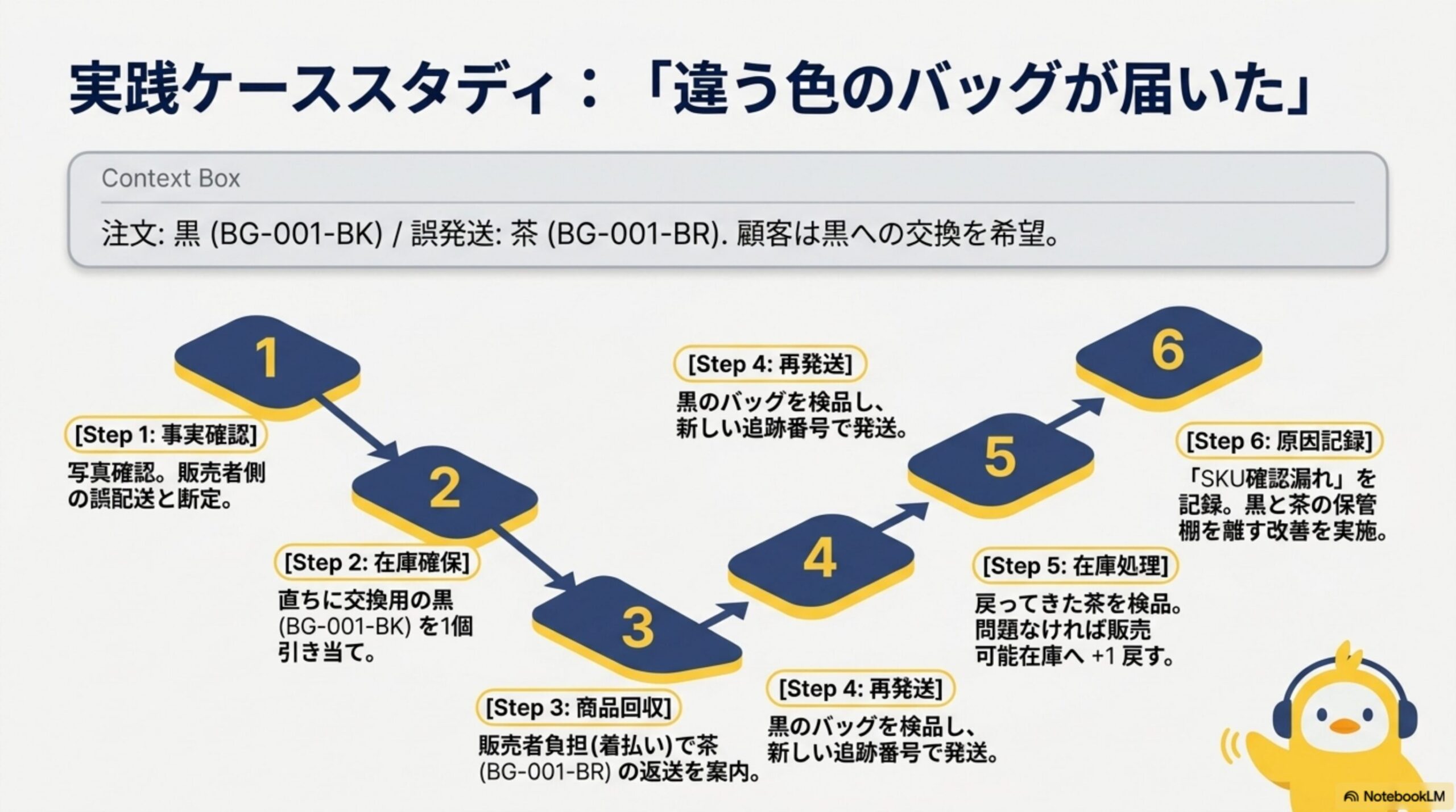 実践ケーススタディ：違う色のバッグが届いた。注文：黒(BG-001-BK)、誤発送：茶(BG-001-BR)、顧客は黒への交換を希望。Step1事実確認：写真確認、販売者側の誤配送と断定。Step2在庫確保：直ちに交換用の黒BG-001-BKを1個引き当て。Step3商品回収：販売者負担(着払い)で茶BG-001-BRの返送を案内。Step4再発送：黒のバッグを検品し新しい追跡番号で発送。Step5在庫処理：戻ってきた茶を検品、問題なければ販売可能在庫へ+1戻す。Step6原因記録：SKU確認漏れを記録、黒と茶の保管棚を離す改善を実施