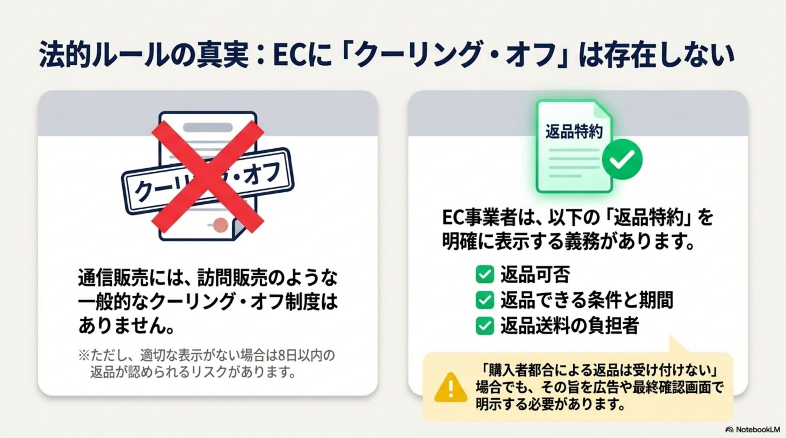 法的ルールの真実：ECにクーリング・オフは存在しない。通信販売には訪問販売のような一般的なクーリング・オフ制度はない（ただし適切な表示がない場合は8日以内の返品が認められるリスクがある）。EC事業者は返品特約（返品可否/返品できる条件と期間/返品送料の負担者）を明確に表示する義務がある。購入者都合による返品は受け付けない場合でも、その旨を広告や最終確認画面で明示する必要がある