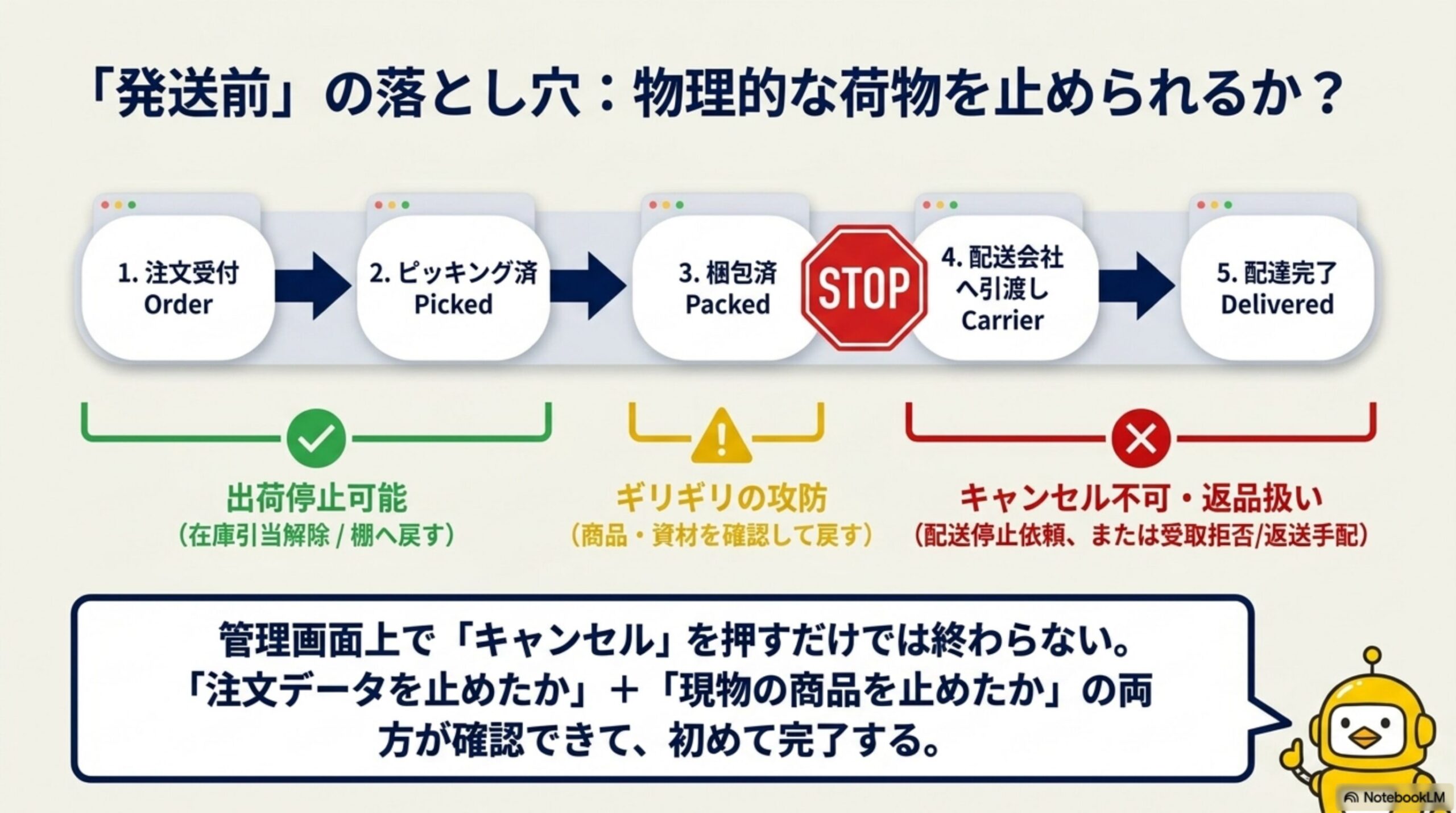 「発送前」の落とし穴：物理的な荷物を止められるか？1注文受付→2ピッキング済→3梱包済（STOP）→4配送会社へ引渡し→5配達完了。1-2は出荷停止可能（在庫引当解除/棚へ戻す）、3はギリギリの攻防（商品・資材を確認して戻す）、4-5はキャンセル不可・返品扱い（配送停止依頼、または受取拒否/返送手配）。管理画面上でキャンセルを押すだけでは終わらない。注文データを止めたかと現物の商品を止めたかの両方が確認できて初めて完了する