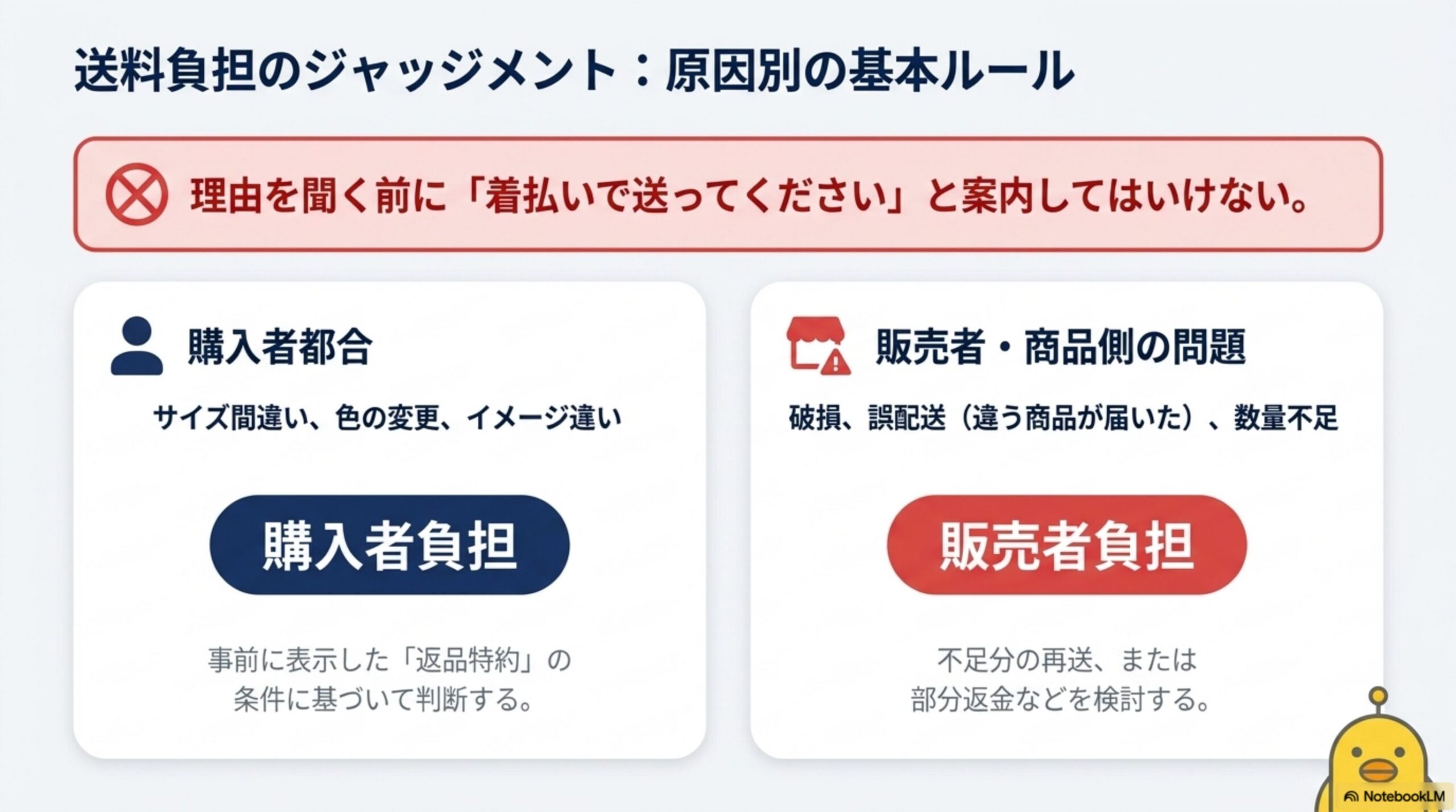 送料負担のジャッジメント：原因別の基本ルール。理由を聞く前に「着払いで送ってください」と案内してはいけない。購入者都合（サイズ間違い、色の変更、イメージ違い）は事前に表示した返品特約の条件に基づいて購入者負担。販売者・商品側の問題（破損、誤配送、数量不足）は不足分の再送または部分返金などを検討し販売者負担