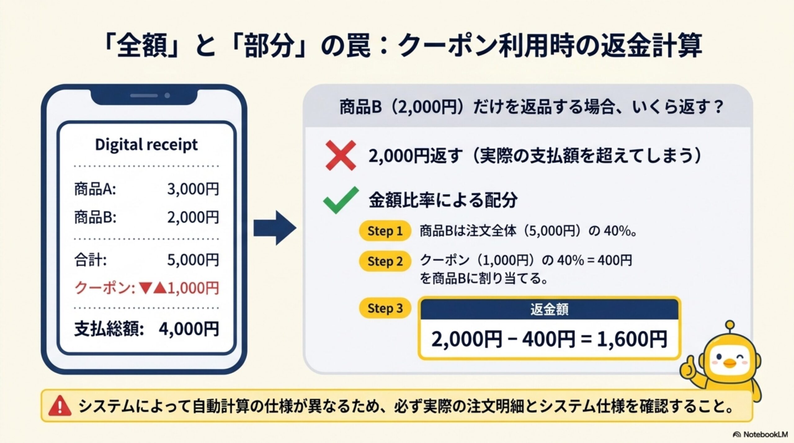 「全額」と「部分」の罠：クーポン利用時の返金計算。商品A3,000円・商品B2,000円・合計5,000円・クーポン▲1,000円・支払総額4,000円のデジタルレシート。商品B（2,000円）だけを返品する場合、2,000円をそのまま返すのは実際の支払額を超えてしまうため誤り。正しくは金額比率による配分：Step1商品Bは注文全体5,000円の40%、Step2クーポン1,000円の40%＝400円を商品Bに割り当てる、Step3返金額は2,000円－400円＝1,600円