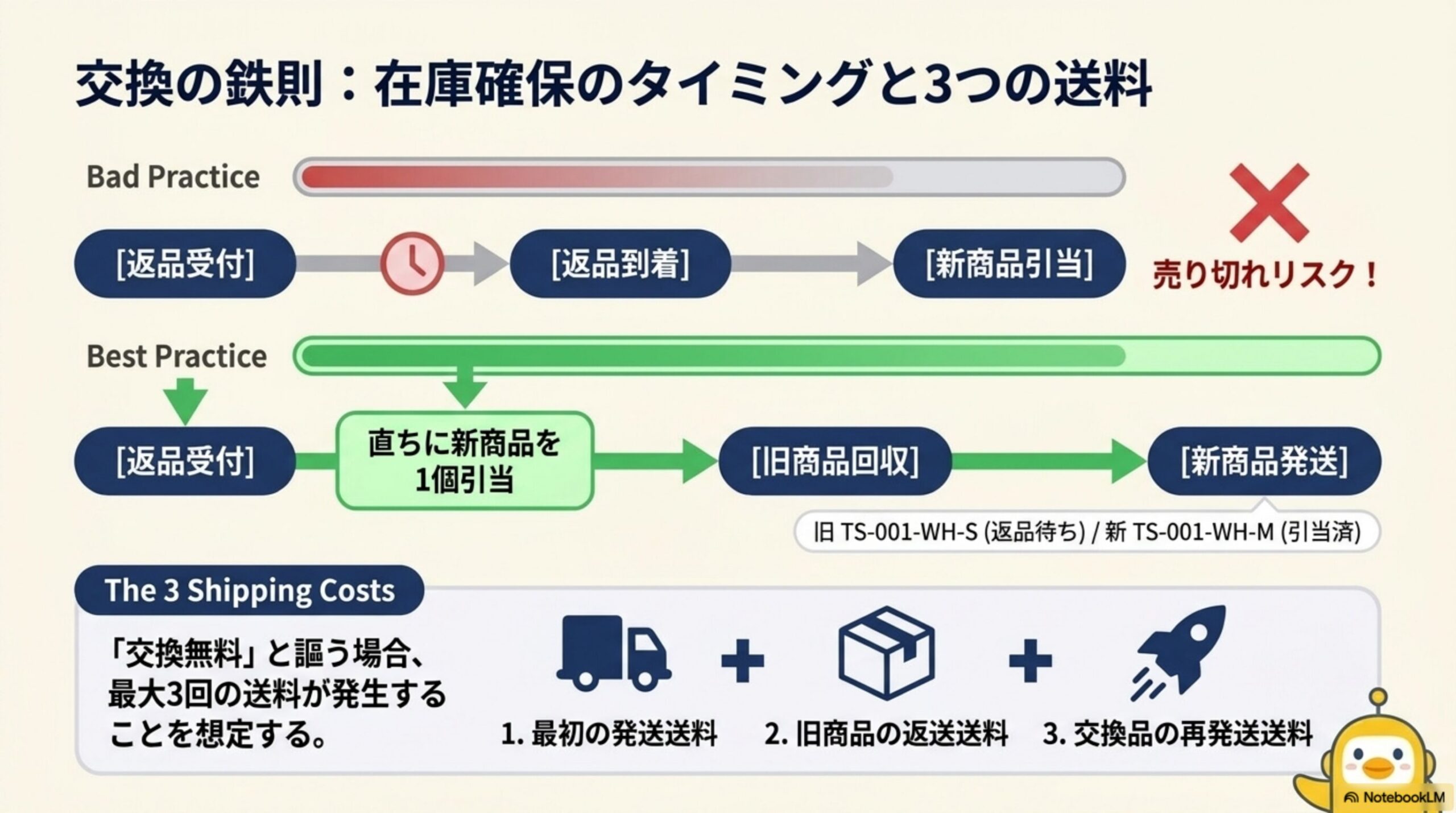 交換の鉄則：在庫確保のタイミングと3つの送料。Bad Practice：返品受付→（待つ）→返品到着→新商品引当は売り切れリスクがある。Best Practice：返品受付→直ちに新商品を1個引当→旧商品回収→新商品発送（旧TS-001-WH-S返品待ち／新TS-001-WH-M引当済み）。「交換無料」と謳う場合、最初の発送送料＋旧商品の返送送料＋交換品の再発送送料の最大3回の送料が発生することを想定する