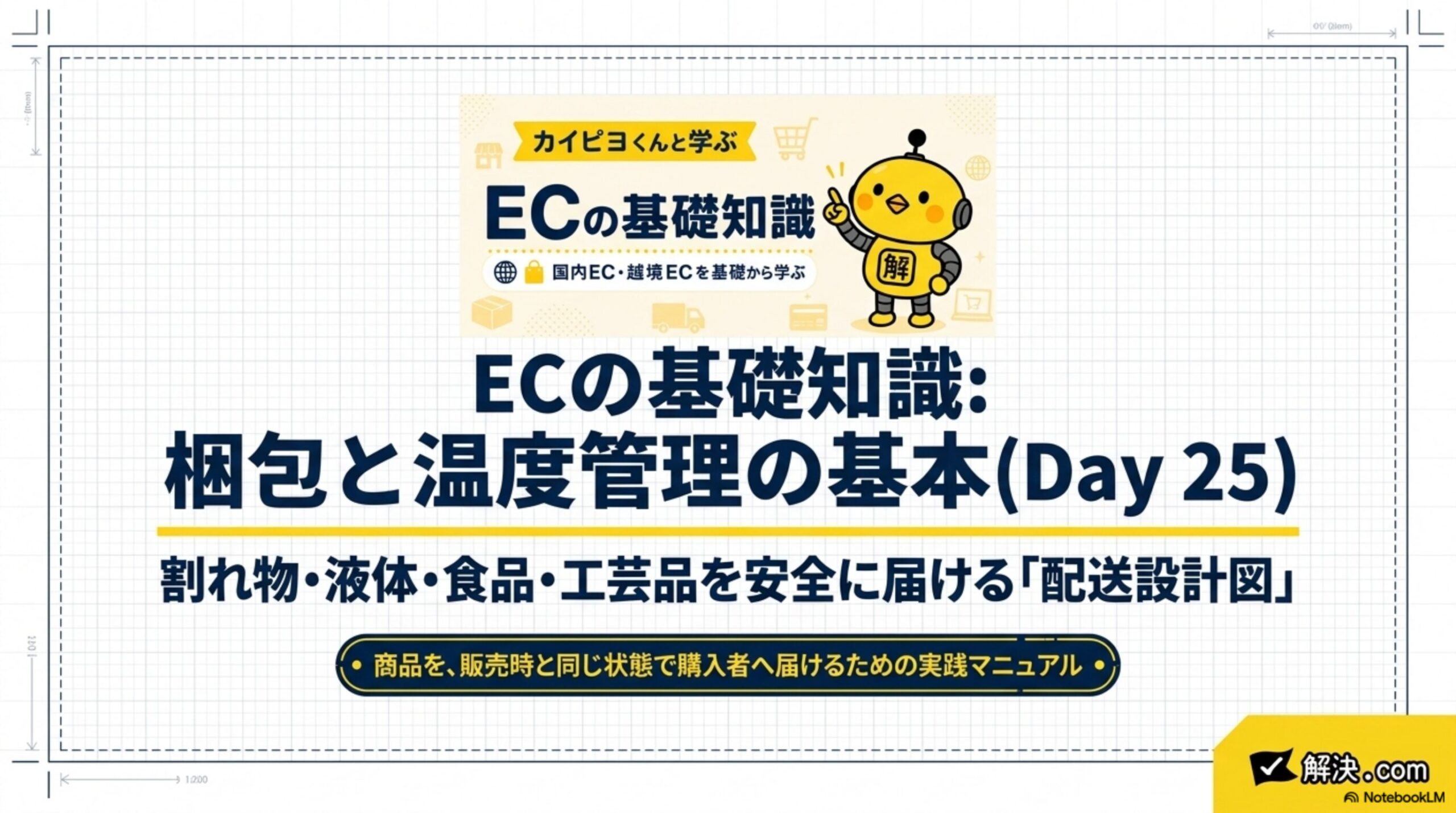 ECの基礎知識：梱包と温度管理の基本(Day25)。割れ物・液体・食品・工芸品を安全に届ける「配送設計図」。商品を、販売時と同じ状態で購入者へ届けるための実践マニュアル