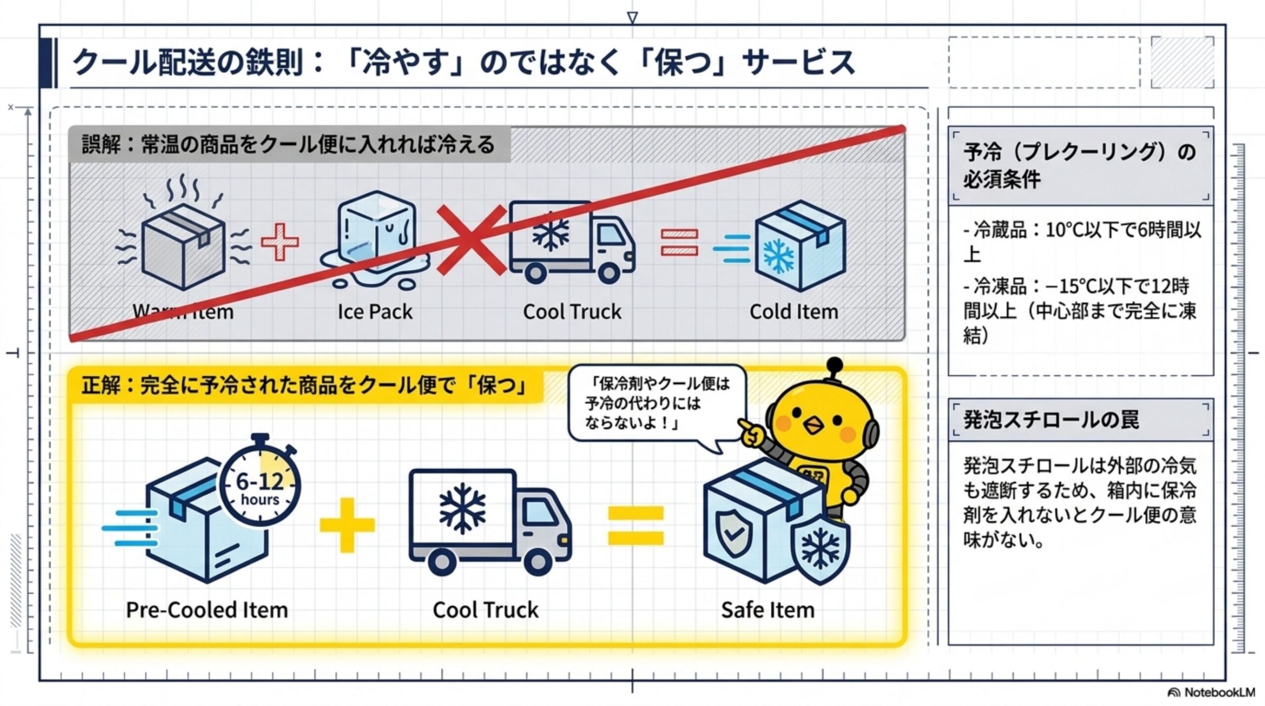 クール配送の鉄則：「冷やす」のではなく「保つ」サービス。誤解：常温の商品をクール便に入れれば冷える(Warm Item+Ice Pack+Cool Truck=Cold Item、これは成立しない)。正解：完全に予冷された商品をクール便で「保つ」(Pre-Cooled Item+Cool Truck=Safe Item)。予冷(プレクーリング)の必須条件：冷蔵品は10℃以下で6時間以上、冷凍品は－15℃以下で12時間以上(中心部まで完全に凍結)。発泡スチロールの罠：発泡スチロールは外部の冷気も遮断するため、箱内に保冷剤を入れないとクール便の意味がない