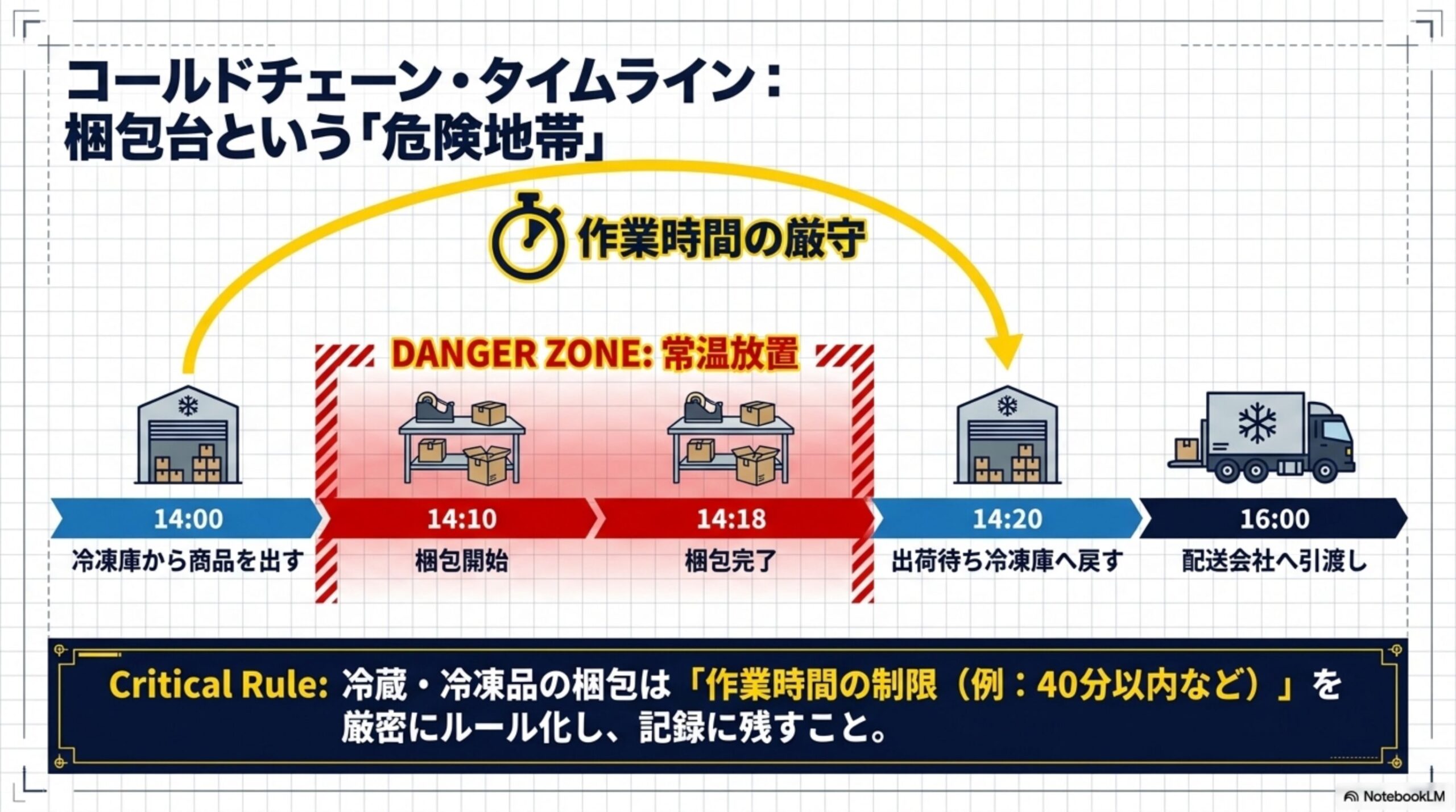 コールドチェーン・タイムライン：梱包台という「危険地帯」。14:00冷凍庫から商品を出す→（DANGER ZONE:常温放置）14:10梱包開始・14:18梱包完了→14:20出荷待ち冷凍庫へ戻す→16:00配送会社へ引渡し。Critical Rule：冷蔵・冷凍品の梱包は「作業時間の制限（例：40分以内など）」を厳密にルール化し、記録に残すこと