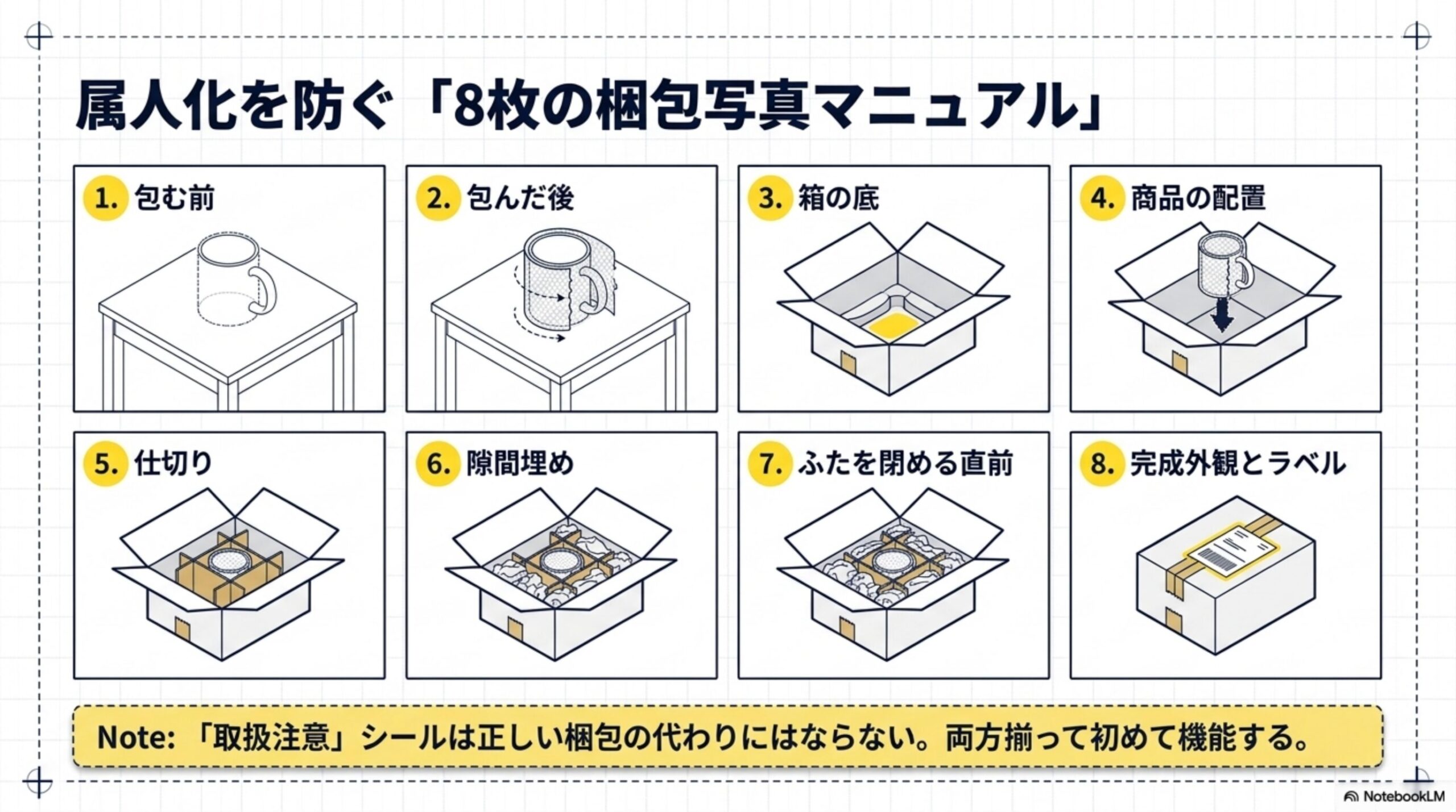 属人化を防ぐ「8枚の梱包写真マニュアル」。1.包む前 2.包んだ後 3.箱の底 4.商品の配置 5.仕切り 6.隙間埋め 7.ふたを閉める直前 8.完成外観とラベル。Note：「取扱注意」シールは正しい梱包の代わりにはならない、両方揃って初めて機能する