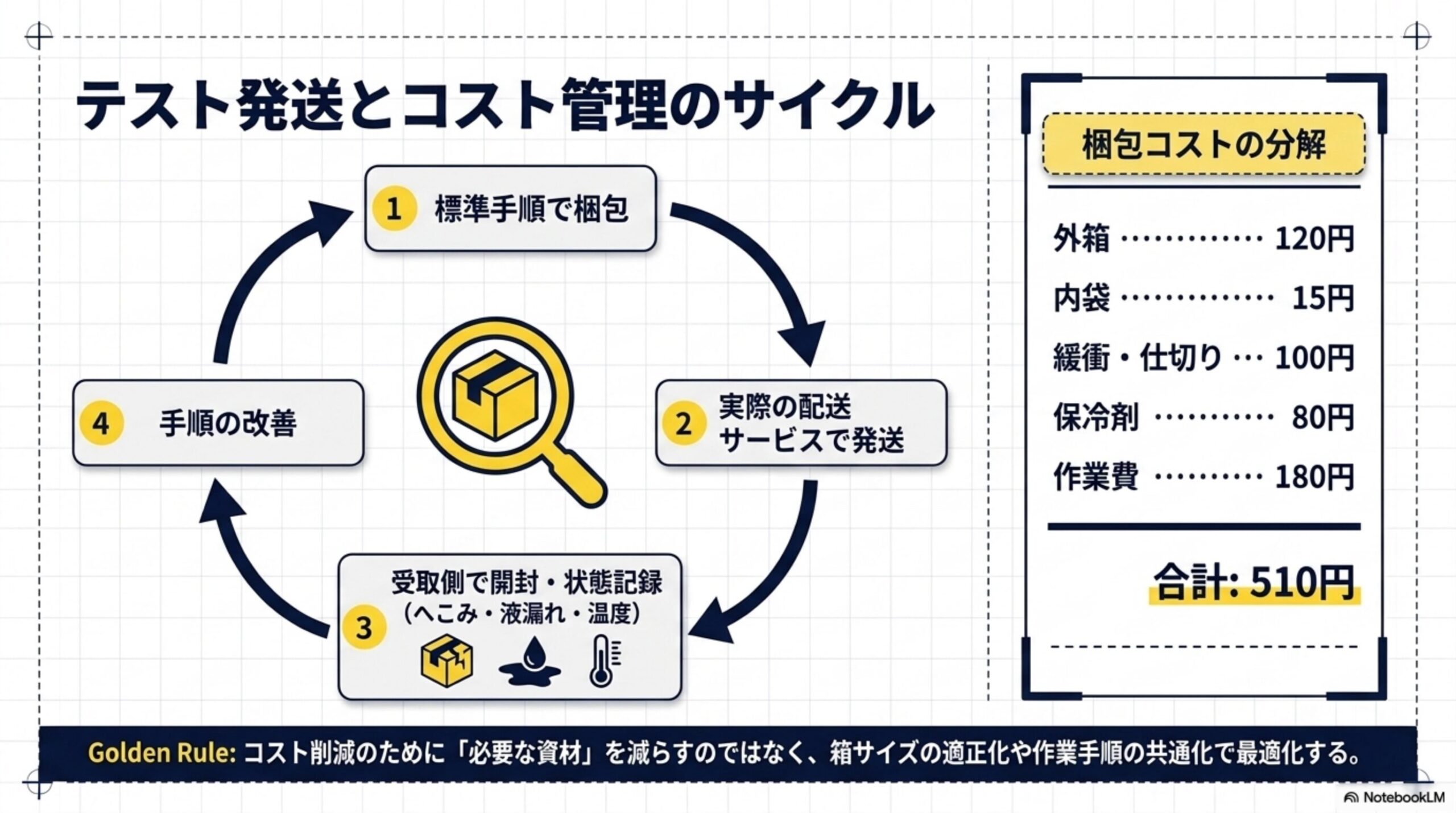テスト発送とコスト管理のサイクル。1.標準手順で梱包→2.実際の配送サービスで発送→3.受取側で開封・状態記録(へこみ・液漏れ・温度)→4.手順の改善→1に戻る。梱包コストの分解：外箱120円、内袋15円、緩衝・仕切り100円、保冷剤80円、作業費180円、合計510円。Golden Rule：コスト削減のために「必要な資材」を減らすのではなく、箱サイズの適正化や作業手順の共通化で最適化する