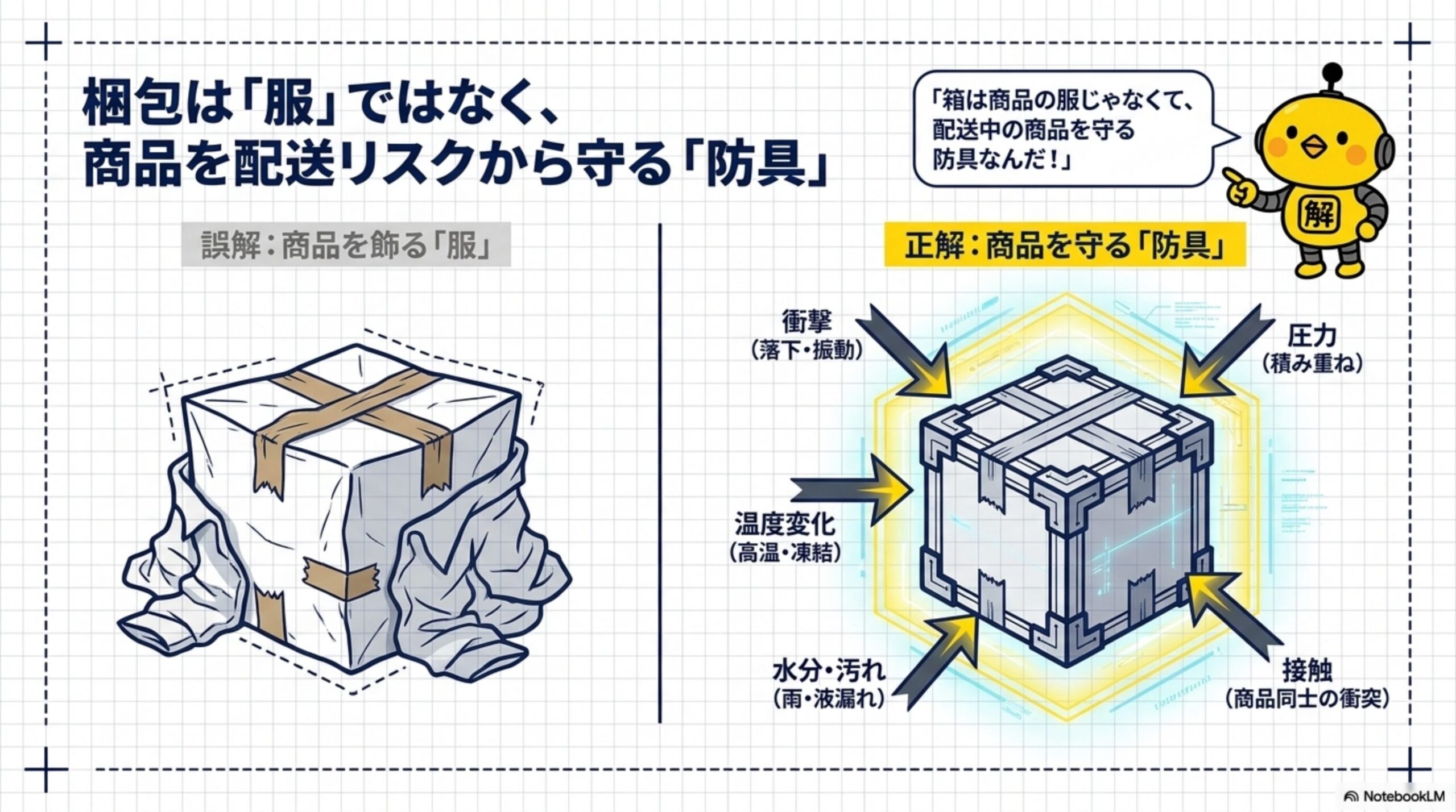 梱包は「服」ではなく、商品を配送リスクから守る「防具」。誤解：商品を飾る「服」。正解：商品を守る「防具」で、衝撃(落下・振動)、圧力(積み重ね)、温度変化(高温・凍結)、水分・汚れ(雨・液漏れ)、接触(商品同士の衝突)から守る