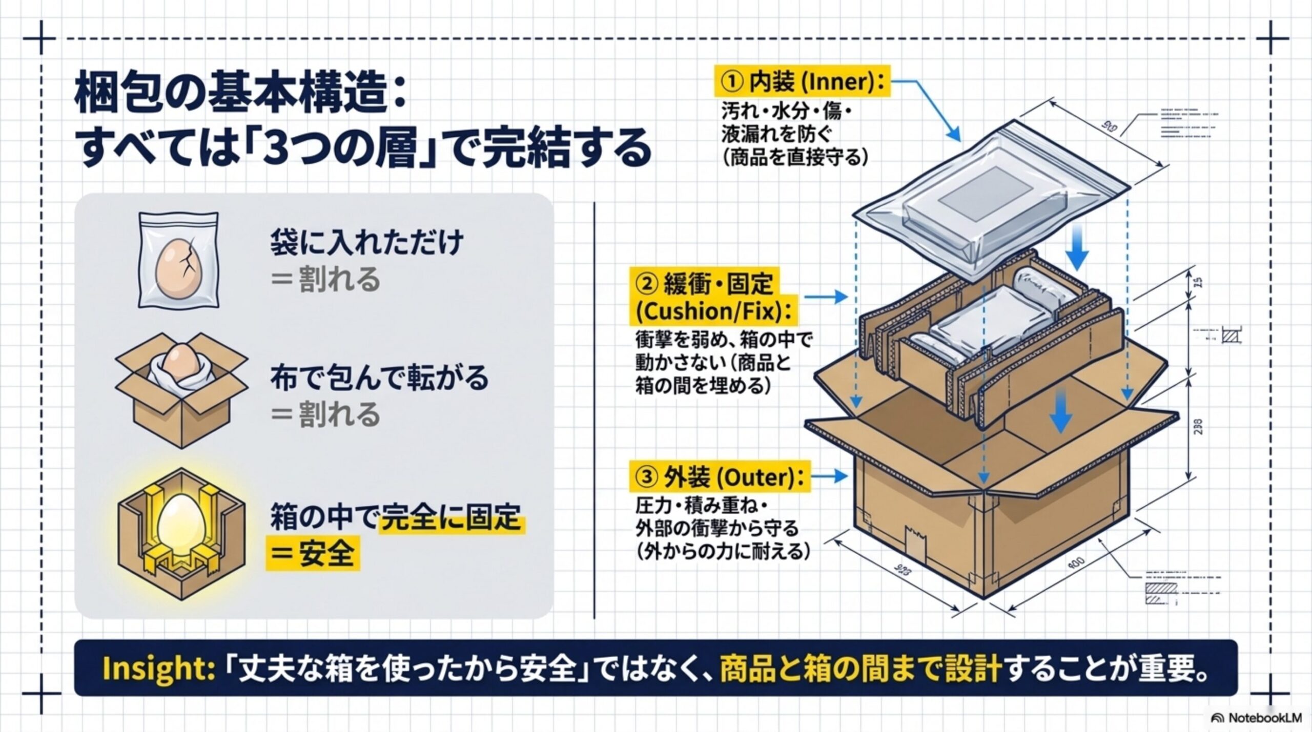 梱包の基本構造：すべては「3つの層」で完結する。①内装(Inner)：汚れ・水分・傷・液漏れを防ぐ(商品を直接守る)。②緩衝・固定(Cushion/Fix)：衝撃を弱め、箱の中で動かさない(商品と箱の間を埋める)。③外装(Outer)：圧力・積み重ね・外部の衝撃から守る(外からの力に耐える)。卵の例：袋に入れただけ=割れる、布で包んで転がる=割れる、箱の中で完全に固定=安全。丈夫な箱を使ったから安全ではなく、商品と箱の間まで設計することが重要