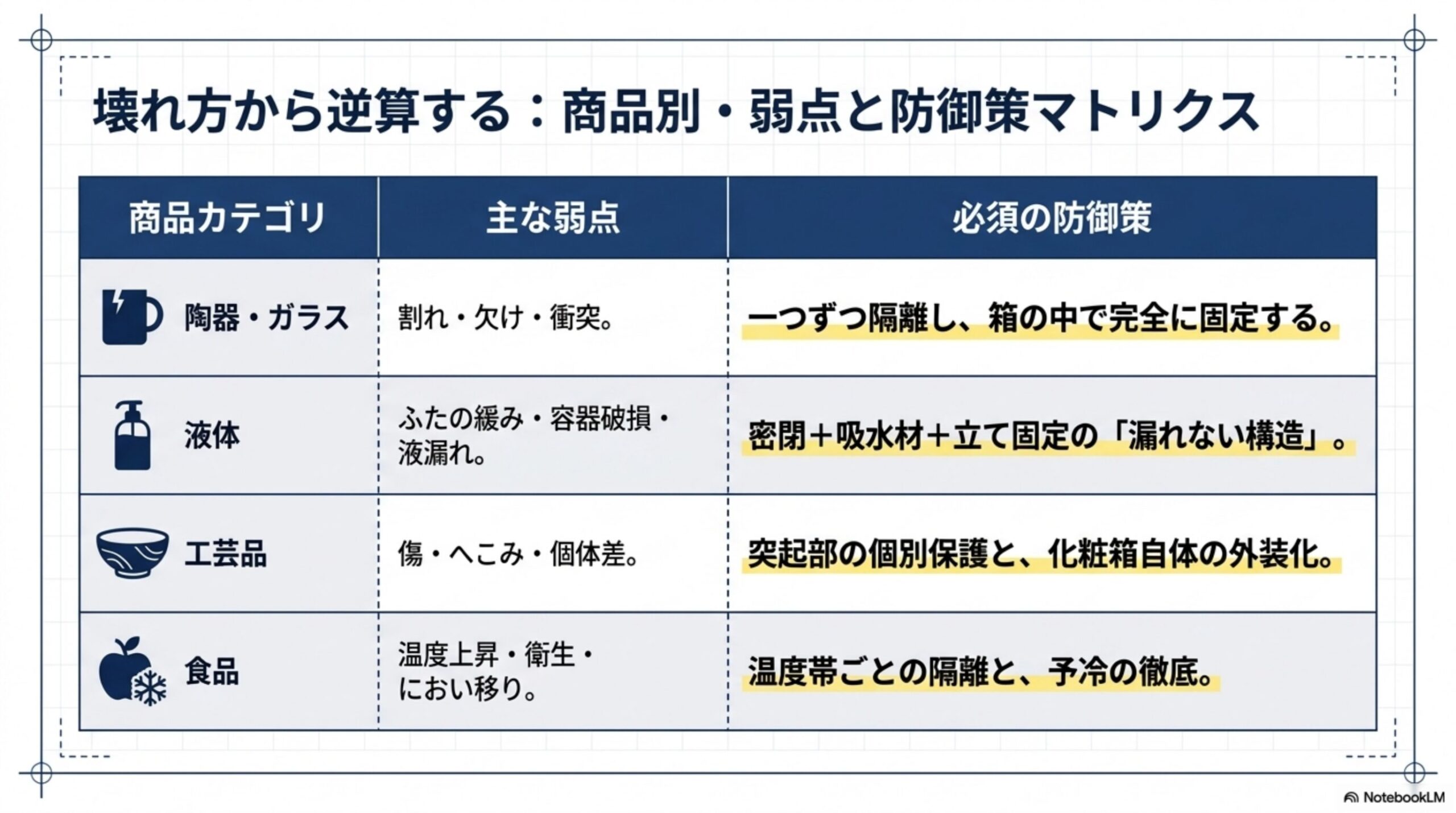 壊れ方から逆算する：商品別・弱点と防御策マトリクス。陶器・ガラス：割れ・欠け・衝突、必須の防御策は一つずつ隔離し箱の中で完全に固定する。液体：ふたの緩み・容器破損・液漏れ、必須の防御策は密閉+吸水材+立て固定の「漏れない構造」。工芸品：傷・へこみ・個体差、必須の防御策は突起部の個別保護と化粧箱自体の外装化。食品：温度上昇・衛生・におい移り、必須の防御策は温度帯ごとの隔離と予冷の徹底