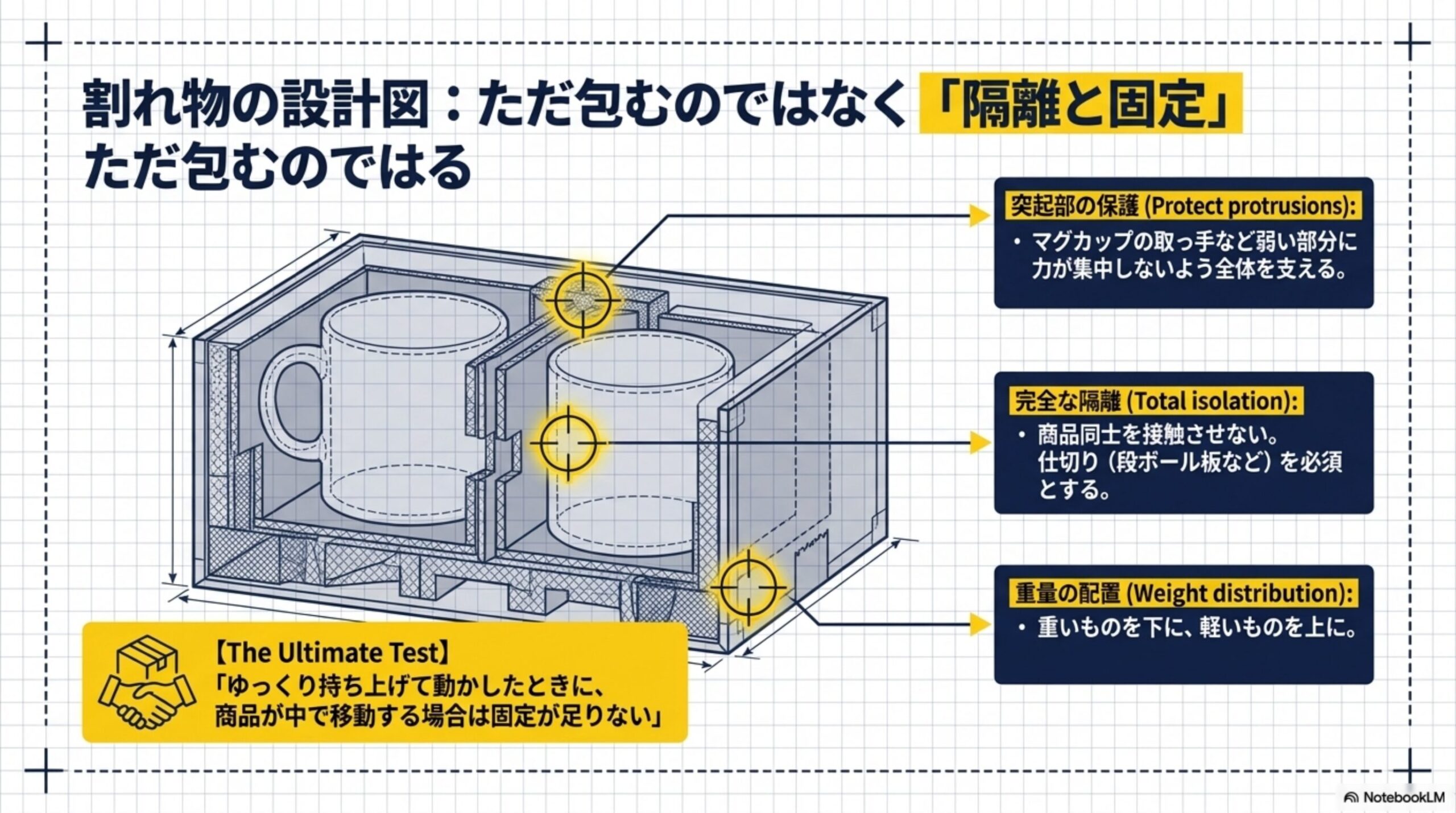 割れ物の設計図：ただ包むのではなく「隔離と固定」。突起部の保護(Protect protrusions)：マグカップの取っ手など弱い部分に力が集中しないよう全体を支える。完全な隔離(Total isolation)：商品同士を接触させない、仕切り(段ボール板など)を必須とする。重量の配置(Weight distribution)：重いものを下に、軽いものを上に。The Ultimate Test：ゆっくり持ち上げて動かしたときに商品が中で移動する場合は固定が足りない