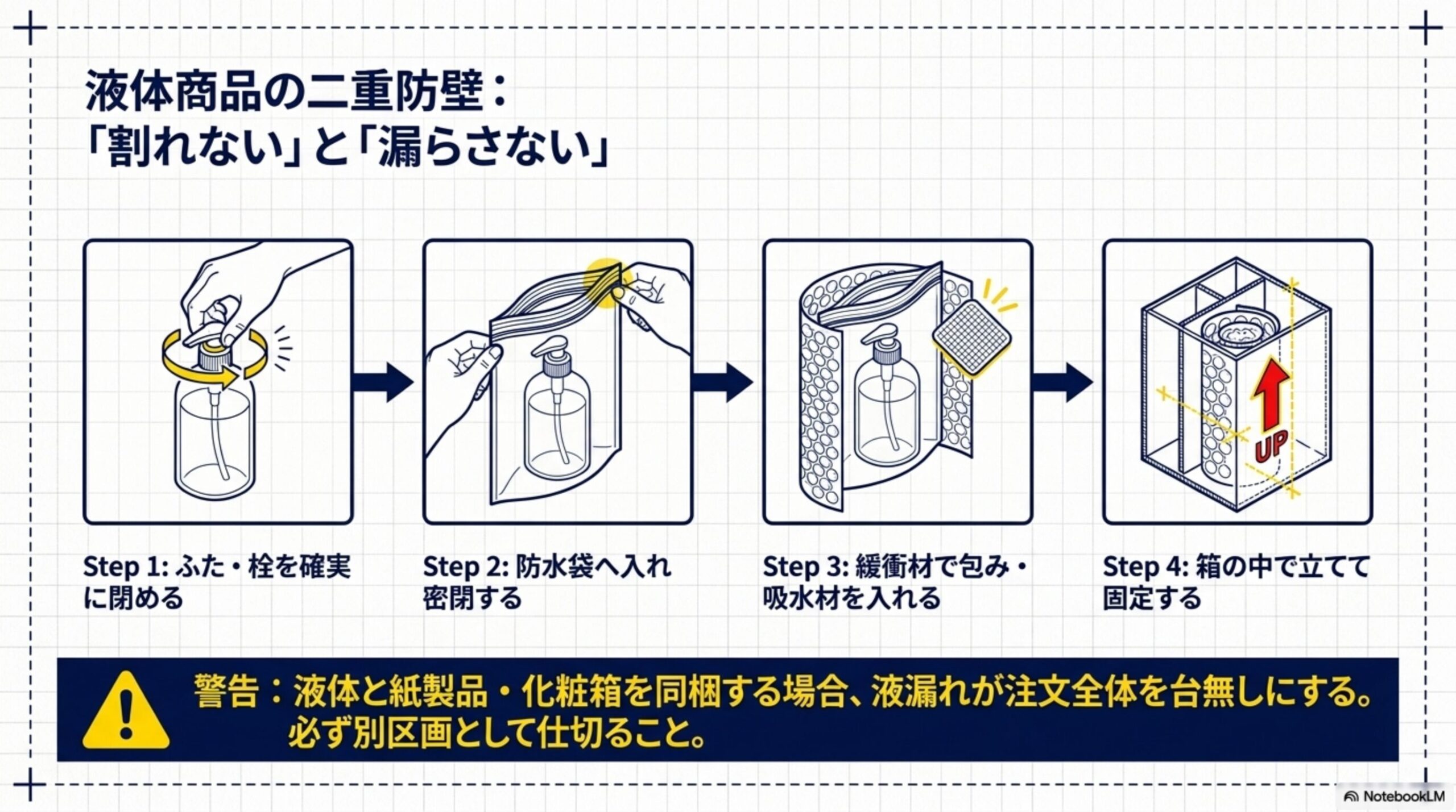 液体商品の二重防壁：「割れない」と「漏らさない」。Step1：ふた・栓を確実に閉める。Step2：防水袋へ入れ密閉する。Step3：緩衝材で包み・吸水材を入れる。Step4：箱の中で立てて固定する。警告：液体と紙製品・化粧箱を同梱する場合、液漏れが注文全体を台無しにする、必ず別区画として仕切ること