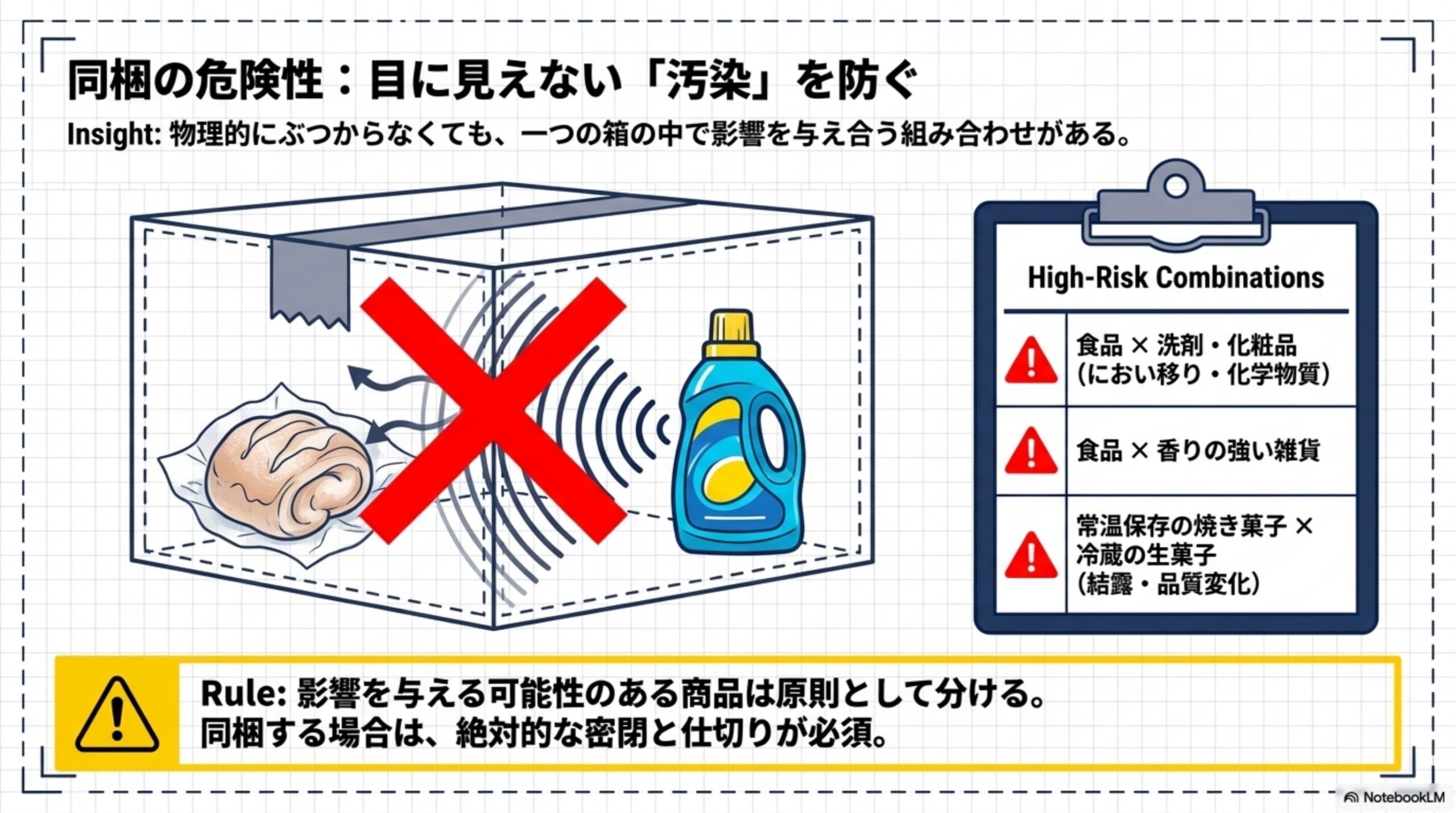 同梱の危険性：目に見えない「汚染」を防ぐ。物理的にぶつからなくても、一つの箱の中で影響を与え合う組み合わせがある。High-Risk Combinations：食品×洗剤・化粧品(におい移り・化学物質)、食品×香りの強い雑貨、常温保存の焼き菓子×冷蔵の生菓子(結露・品質変化)。Rule：影響を与える可能性のある商品は原則として分ける、同梱する場合は絶対的な密閉と仕切りが必須