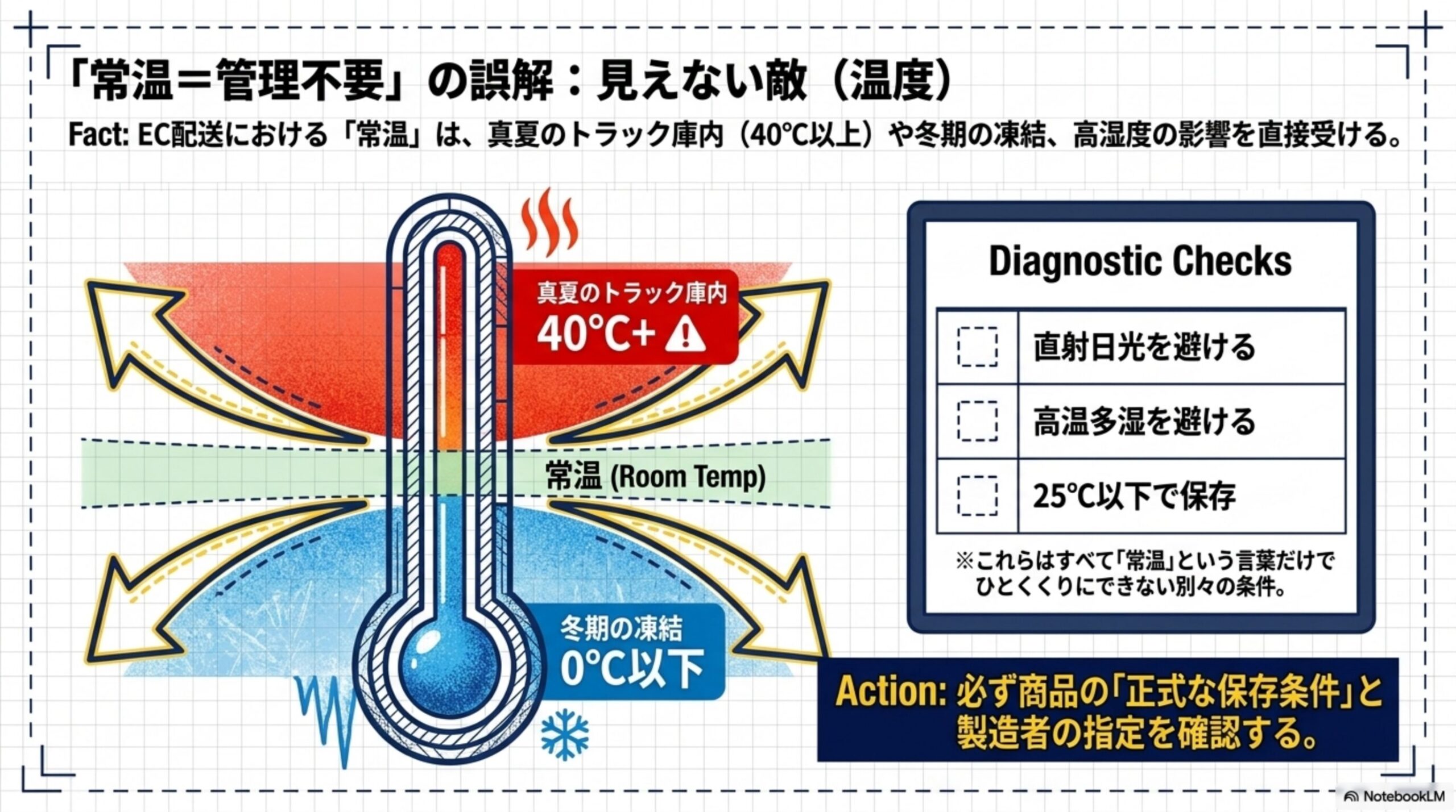 「常温＝管理不要」の誤解：見えない敵（温度）。EC配送における「常温」は、真夏のトラック庫内(40℃以上)や冬期の凍結、高湿度の影響を直接受ける。真夏のトラック庫内40℃+、常温(Room Temp)、冬期の凍結0℃以下。Diagnostic Checks：直射日光を避ける、高温多湿を避ける、25℃以下で保存。これらはすべて「常温」という言葉だけでひとくくりにできない別々の条件。必ず商品の「正式な保存条件」と製造者の指定を確認する