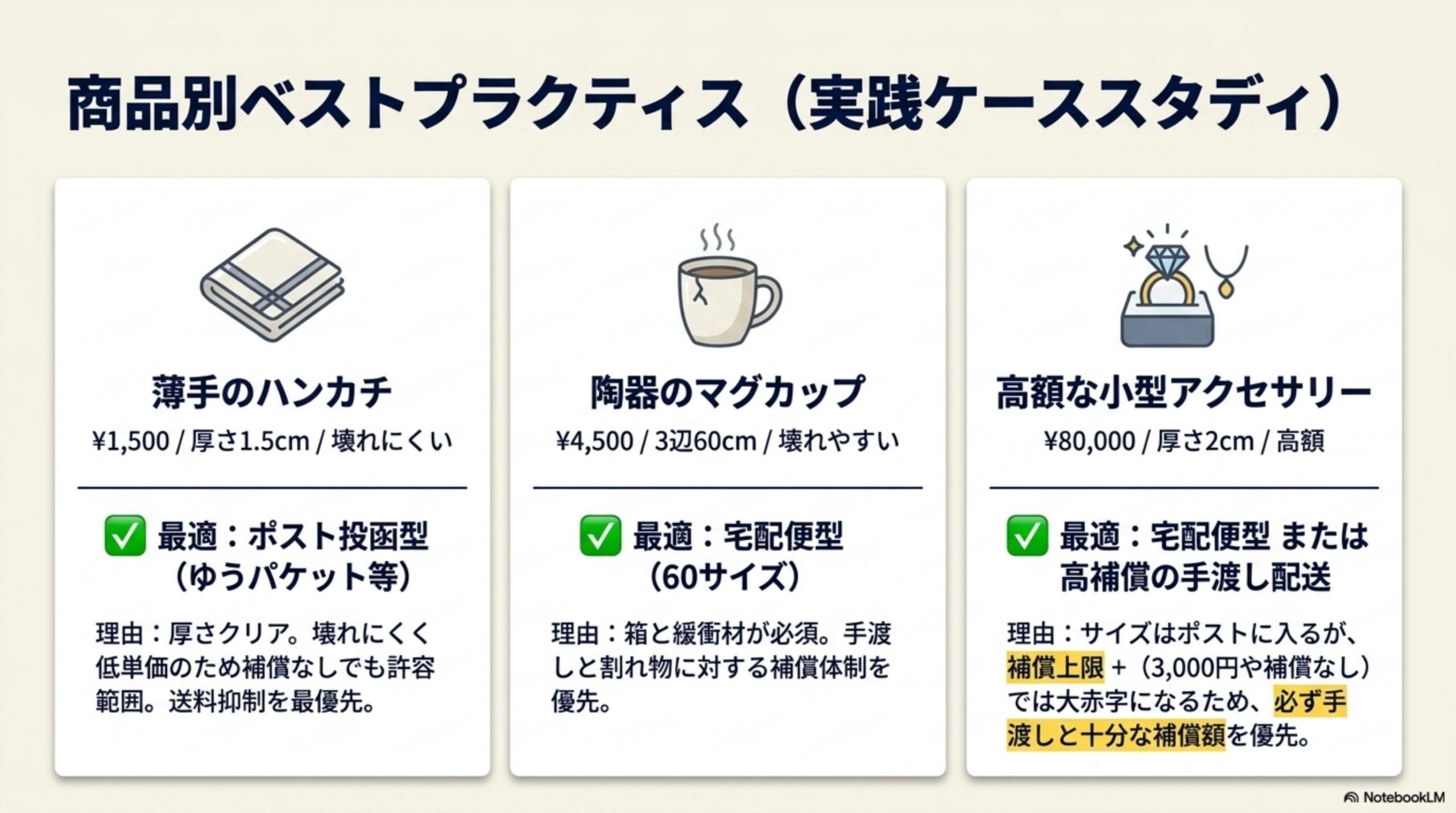 商品別ベストプラクティス（実践ケーススタディ）。薄手のハンカチ：¥1,500・厚さ1.5cm・壊れにくい、最適はポスト投函型（ゆうパケット等）、理由は厚さクリア・壊れにくく低単価のため補償なしでも許容範囲・送料抑制を最優先。陶器のマグカップ：¥4,500・3辺60cm・壊れやすい、最適は宅配便型（60サイズ）、理由は箱と緩衝材が必須・手渡しと割れ物に対する補償体制を優先。高額な小型アクセサリー：¥80,000・厚さ2cm・高額、最適は宅配便型または高補償の手渡し配送、理由はサイズはポストに入るが補償上限＋(3,000円や補償なし)では大赤字になるため必ず手渡しと十分な補償額を優先