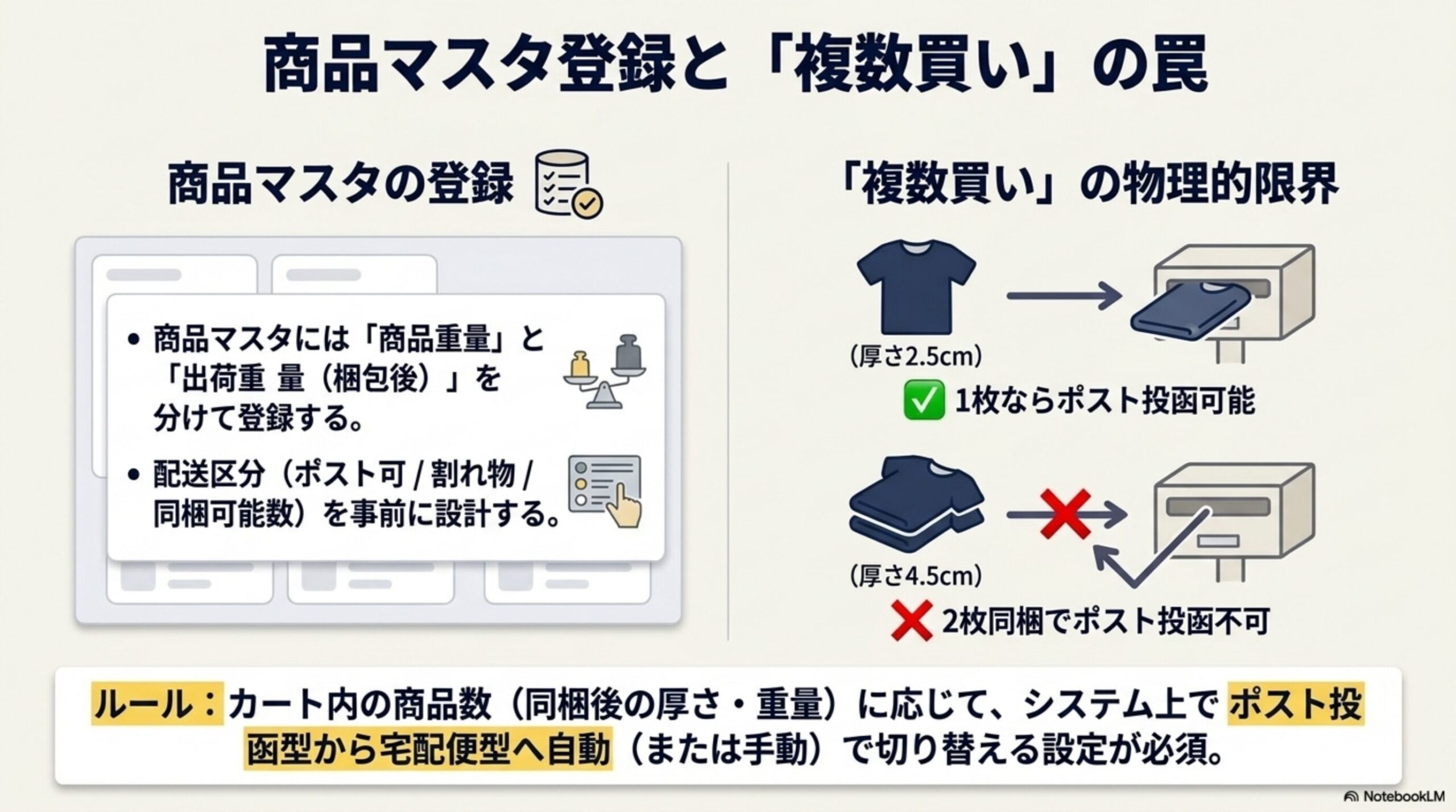 商品マスタ登録と「複数買い」の罠。商品マスタの登録：商品重量と出荷重量（梱包後）を分けて登録する、配送区分（ポスト可/割れ物/同梱可能数）を事前に設計する。複数買いの物理的限界：Tシャツ1枚(厚さ2.5cm)ならポスト投函可能、2枚(厚さ4.5cm)は同梱でポスト投函不可。ルール：カート内の商品数(同梱後の厚さ・重量)に応じて、システム上でポスト投函型から宅配便型へ自動（または手動）で切り替える設定が必須