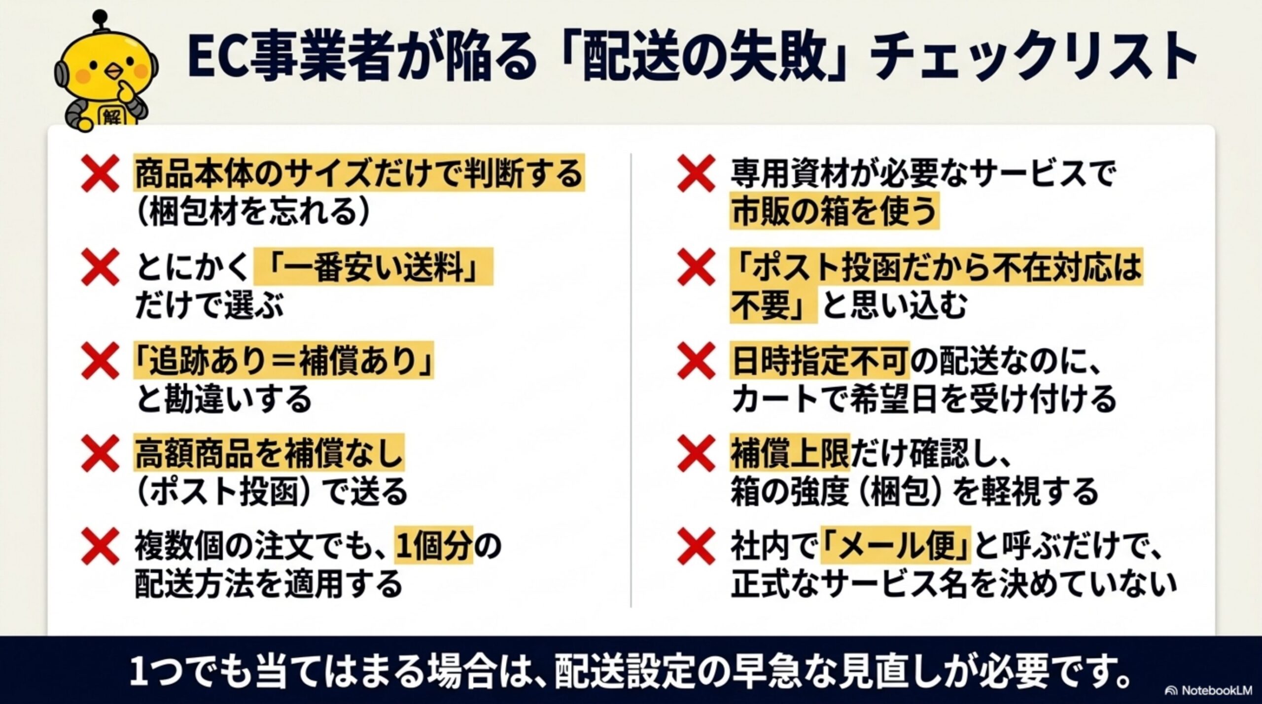 EC事業者が陥る「配送の失敗」チェックリスト。商品本体のサイズだけで判断する（梱包材を忘れる）。とにかく一番安い送料だけで選ぶ。追跡あり＝補償ありと勘違いする。高額商品を補償なし（ポスト投函）で送る。複数個の注文でも1個分の配送方法を適用する。専用資材が必要なサービスで市販の箱を使う。ポスト投函だから不在対応は不要と思い込む。日時指定不可の配送なのにカートで希望日を受け付ける。補償上限だけ確認し箱の強度（梱包）を軽視する。社内でメール便と呼ぶだけで正式なサービス名を決めていない。1つでも当てはまる場合は配送設定の早急な見直しが必要です