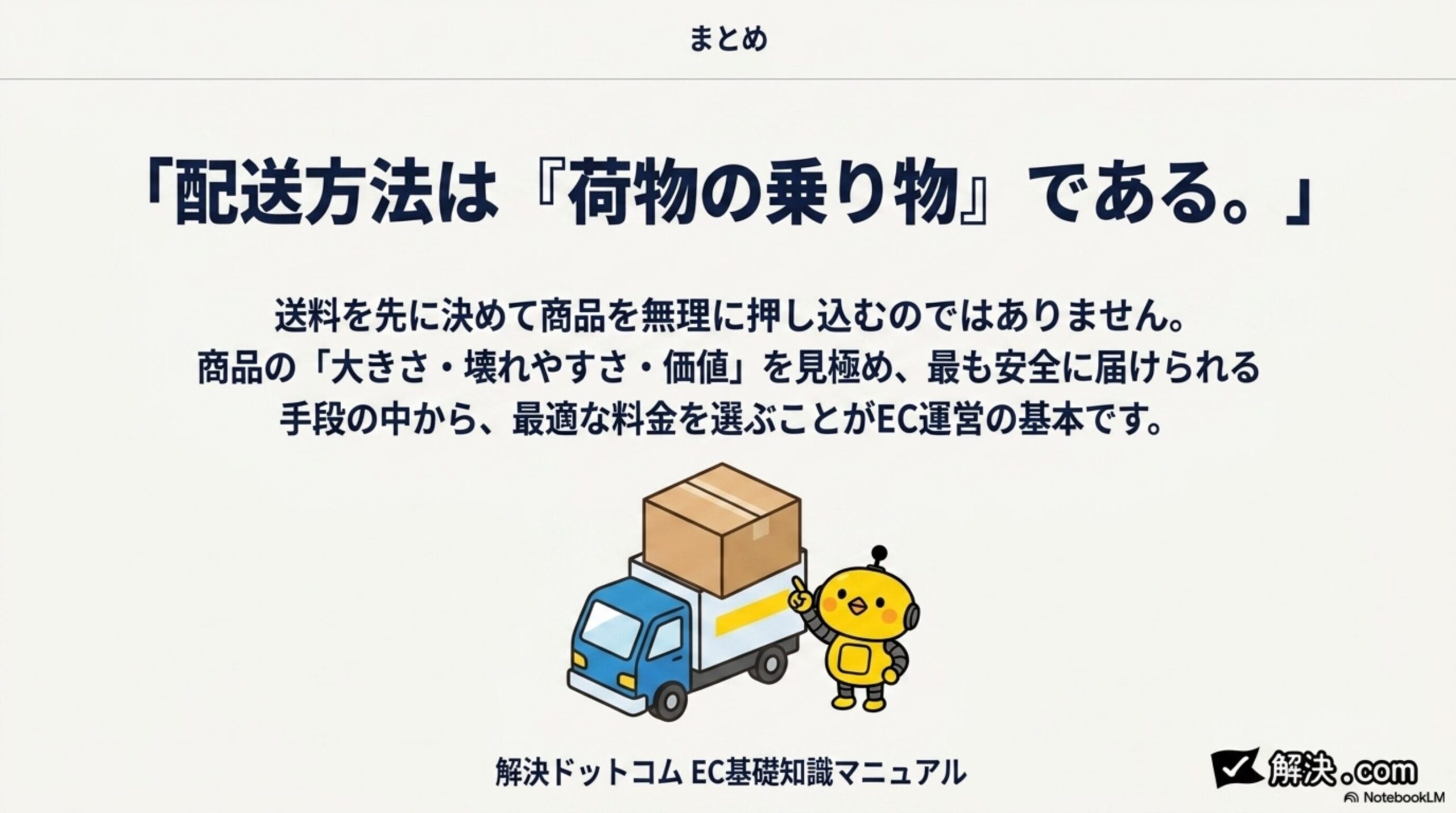 まとめ：「配送方法は『荷物の乗り物』である」。送料を先に決めて商品を無理に押し込むのではありません。商品の大きさ・壊れやすさ・価値を見極め、最も安全に届けられる手段の中から、最適な料金を選ぶことがEC運営の基本です