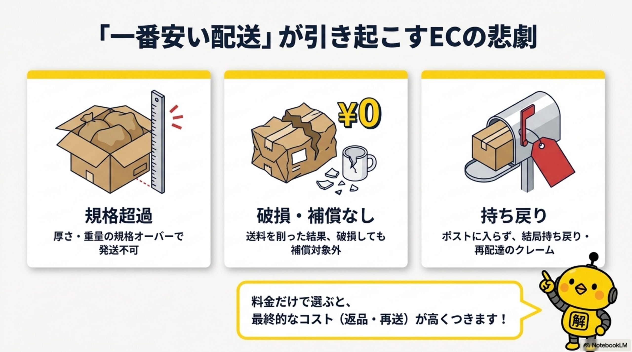 「一番安い配送」が引き起こすECの悲劇。規格超過：厚さ・重量の規格オーバーで発送不可。破損・補償なし：送料を削った結果、破損しても補償対象外。持ち戻り：ポストに入らず結局持ち戻り・再配達のクレーム。料金だけで選ぶと、最終的なコスト（返品・再送）が高くつきます