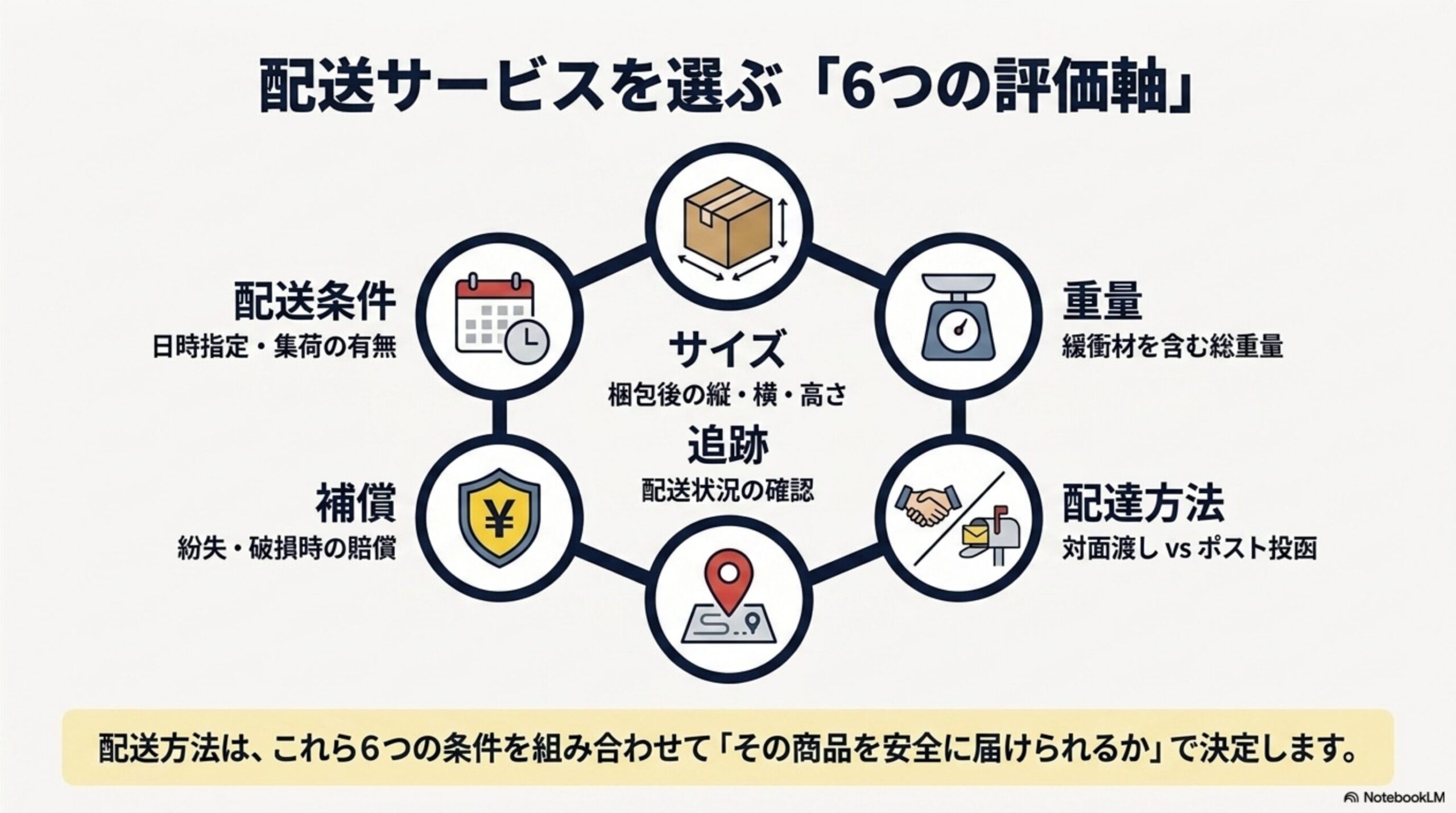 配送サービスを選ぶ「6つの評価軸」。サイズ：梱包後の縦・横・高さ。重量：緩衝材を含む総重量。追跡：配送状況の確認。配達方法：対面渡しvsポスト投函。補償：紛失・破損時の賠償。配送条件：日時指定・集荷の有無。配送方法は、これら6つの条件を組み合わせて「その商品を安全に届けられるか」で決定します