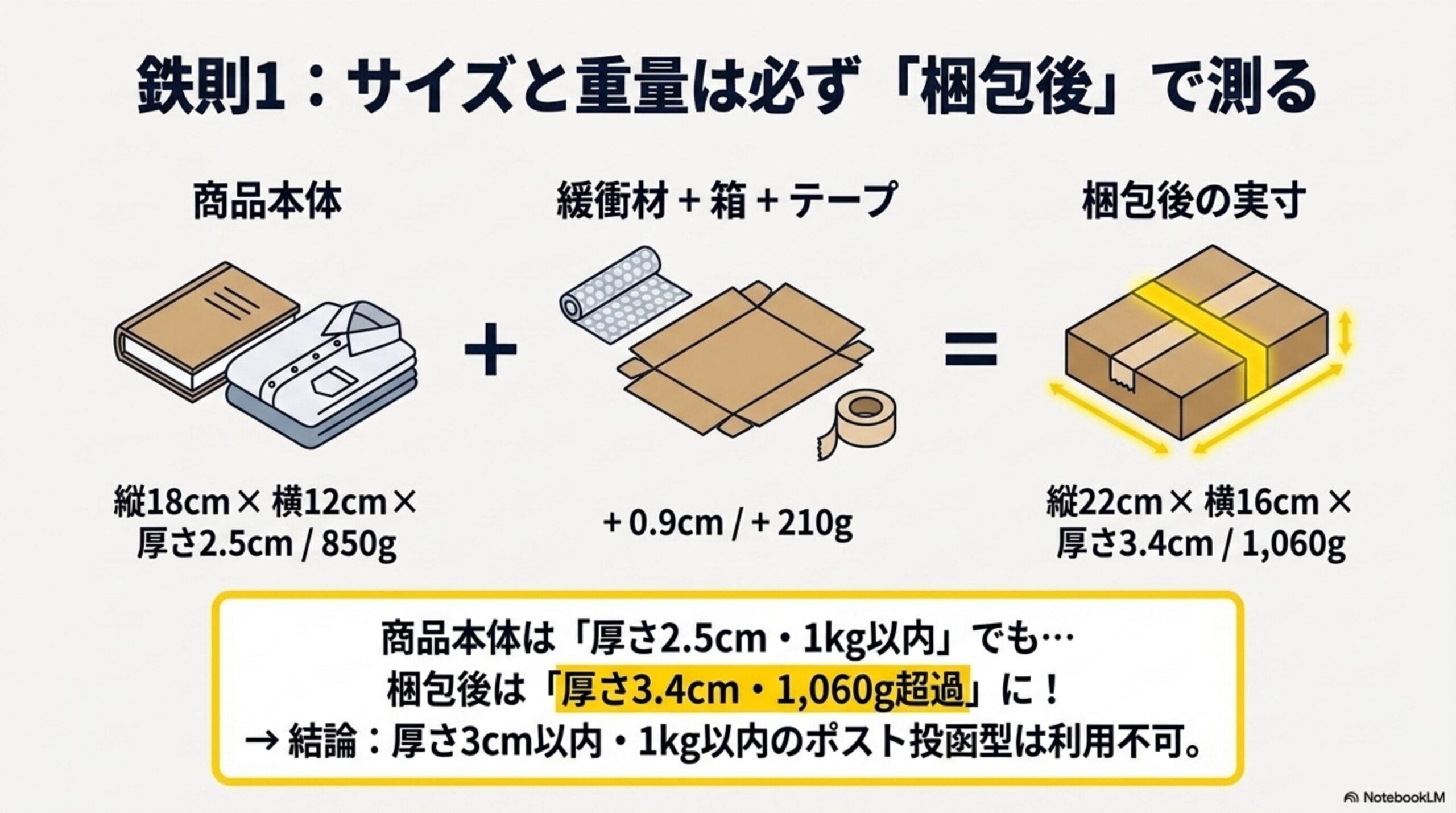 鉄則1：サイズと重量は必ず「梱包後」で測る。商品本体（縦18cm×横12cm×厚さ2.5cm／850g）＋緩衝材＋箱＋テープ（+0.9cm／+210g）＝梱包後の実寸（縦22cm×横16cm×厚さ3.4cm／1,060g）。商品本体は厚さ2.5cm・1kg以内でも、梱包後は厚さ3.4cm・1,060g超過に！結論：厚さ3cm以内・1kg以内のポスト投函型は利用不可