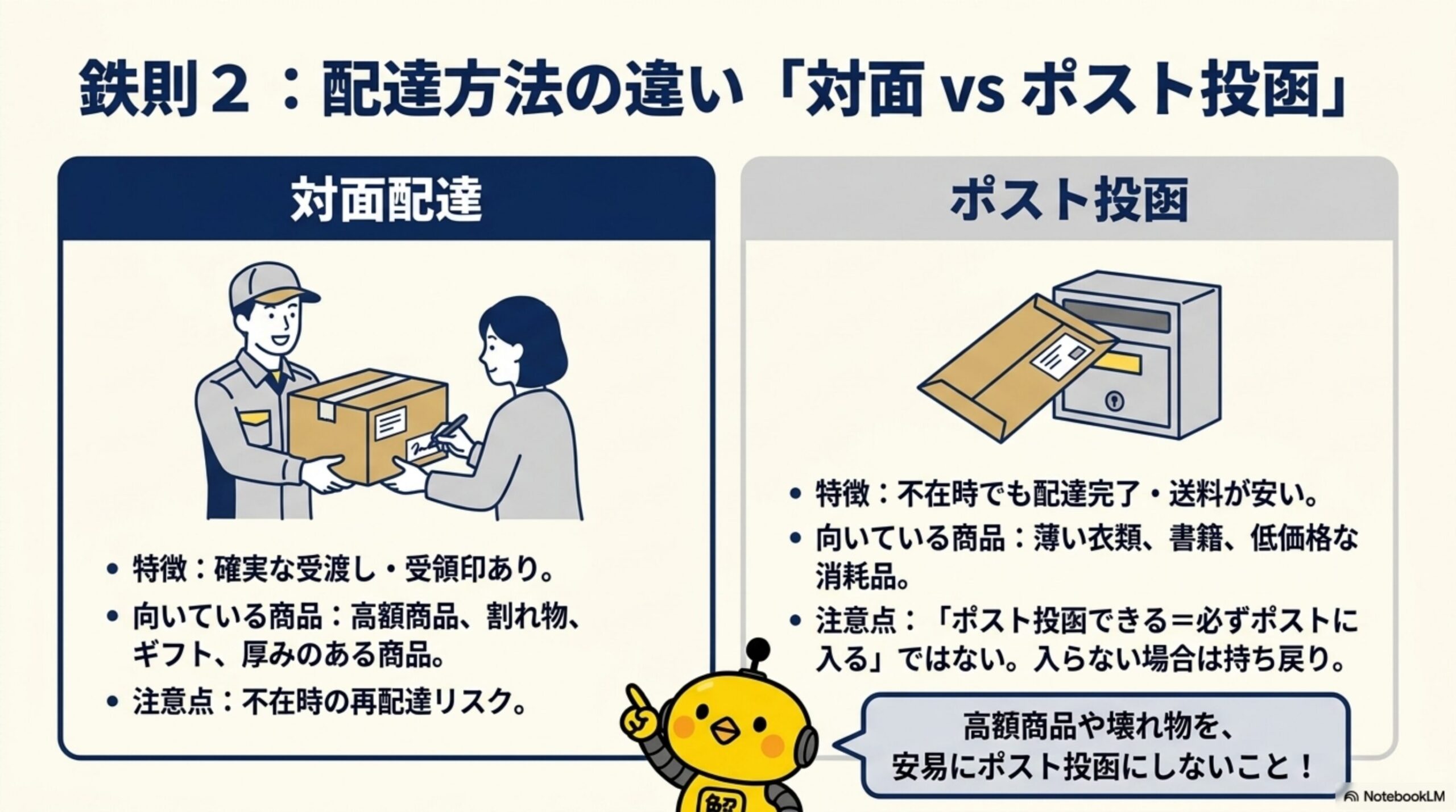 鉄則2：配達方法の違い「対面 vs ポスト投函」。対面配達：確実な受渡し・受領印あり、向いている商品は高額商品・割れ物・ギフト・厚みのある商品、注意点は不在時の再配達リスク。ポスト投函：不在時でも配達完了・送料が安い、向いている商品は薄い衣類・書籍・低価格な消耗品、注意点はポスト投函できる＝必ずポストに入るではない、入らない場合は持ち戻り。高額商品や壊れ物を、安易にポスト投函にしないこと