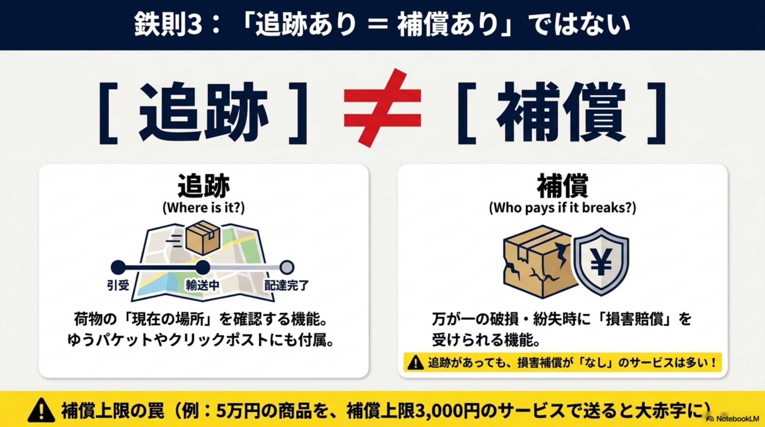 鉄則3：「追跡あり＝補償あり」ではない。追跡(Where is it?)：荷物の現在の場所を確認する機能、ゆうパケットやクリックポストにも付属、引受→輸送中→配達完了。補償(Who pays if it breaks?)：万が一の破損・紛失時に損害賠償を受けられる機能、追跡があっても損害補償がなしのサービスは多い。補償上限の罠：5万円の商品を補償上限3,000円のサービスで送ると大赤字に