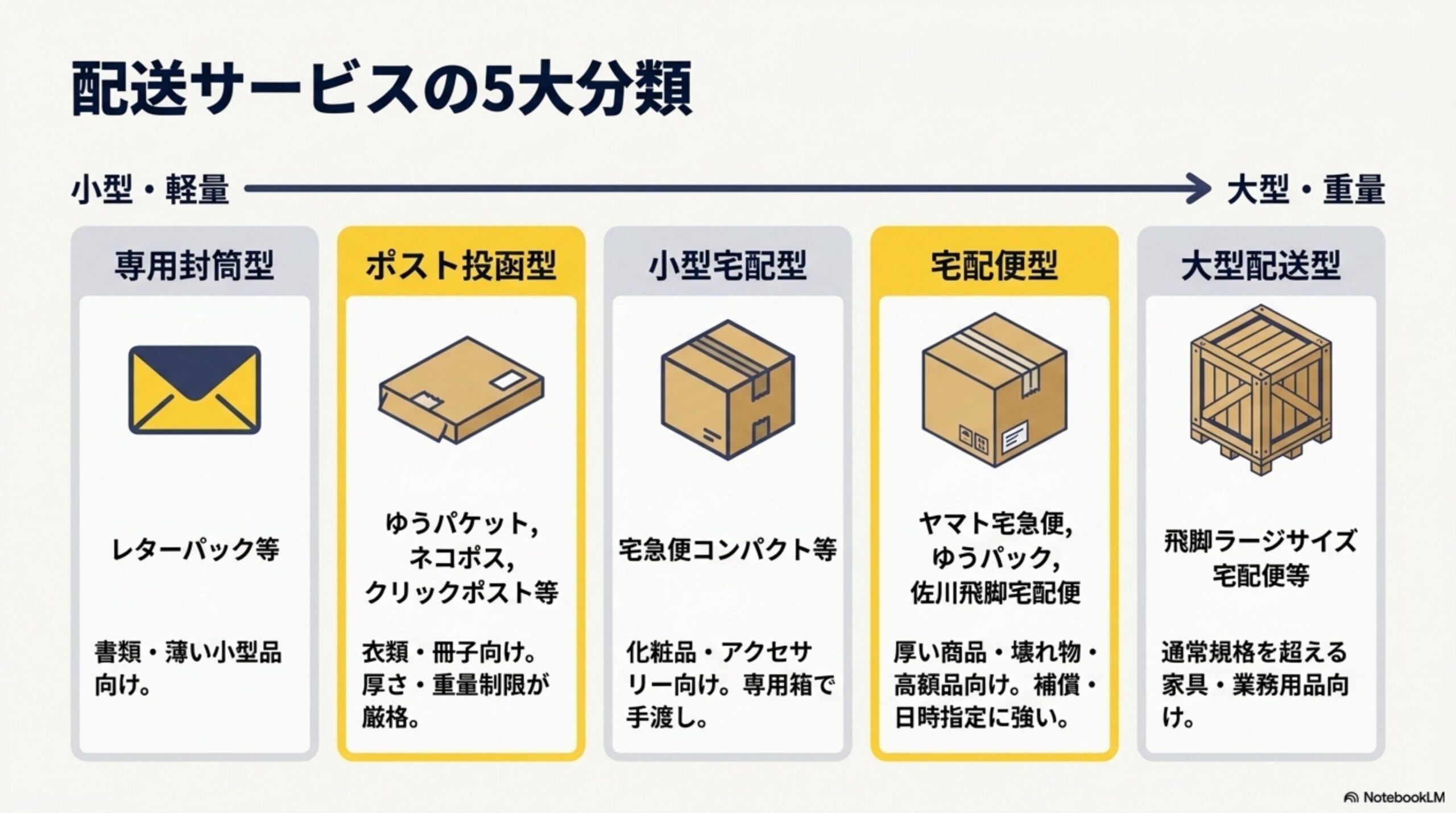 配送サービスの5大分類。小型・軽量から大型・重量へ：専用封筒型(レターパック等、書類・薄い小型品向け)、ポスト投函型(ゆうパケット・ネコポス・クリックポスト等、衣類・冊子向け、厚さ重量制限が厳格)、小型宅配型(宅急便コンパクト等、化粧品・アクセサリー向け、専用箱で手渡し)、宅配便型(ヤマト宅急便・ゆうパック・佐川飛脚宅配便、厚い商品・壊れ物・高額品向け、補償・日時指定に強い)、大型配送型(飛脚ラージサイズ宅配便等、通常規格を超える家具・業務用品向け)