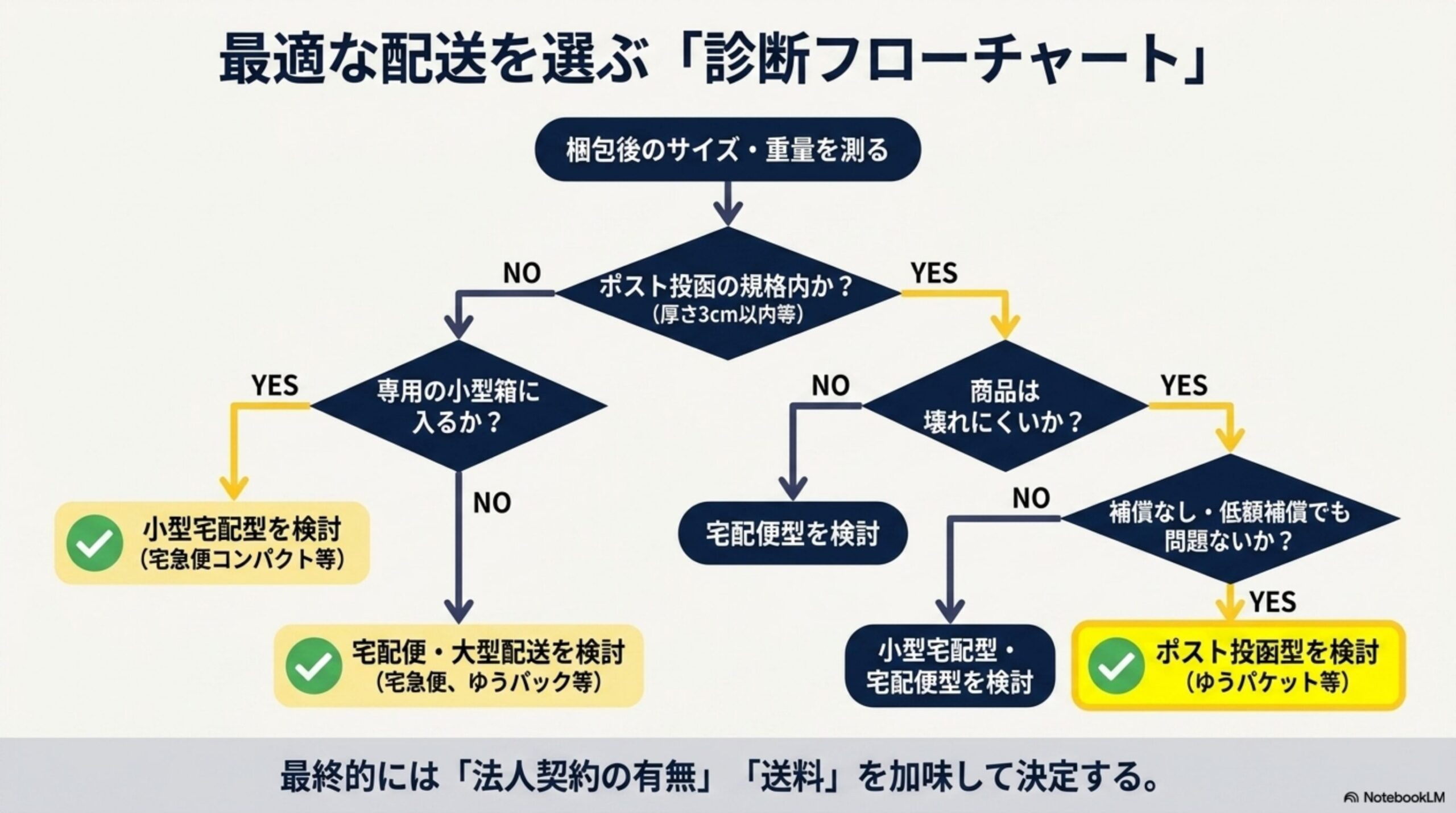 最適な配送を選ぶ「診断フローチャート」。梱包後のサイズ・重量を測る→ポスト投函の規格内か(厚さ3cm以内等)？YESなら商品は壊れにくいか？YESなら補償なし・低額補償でも問題ないか？YESならポスト投函型を検討(ゆうパケット等)、NOなら小型宅配型・宅配便型を検討。商品が壊れにくいがNOなら宅配便型を検討。ポスト投函の規格内でないなら専用の小型箱に入るか？YESなら小型宅配型を検討(宅急便コンパクト等)、NOなら宅配便・大型配送を検討(宅急便、ゆうパック等)。最終的には法人契約の有無・送料を加味して決定する