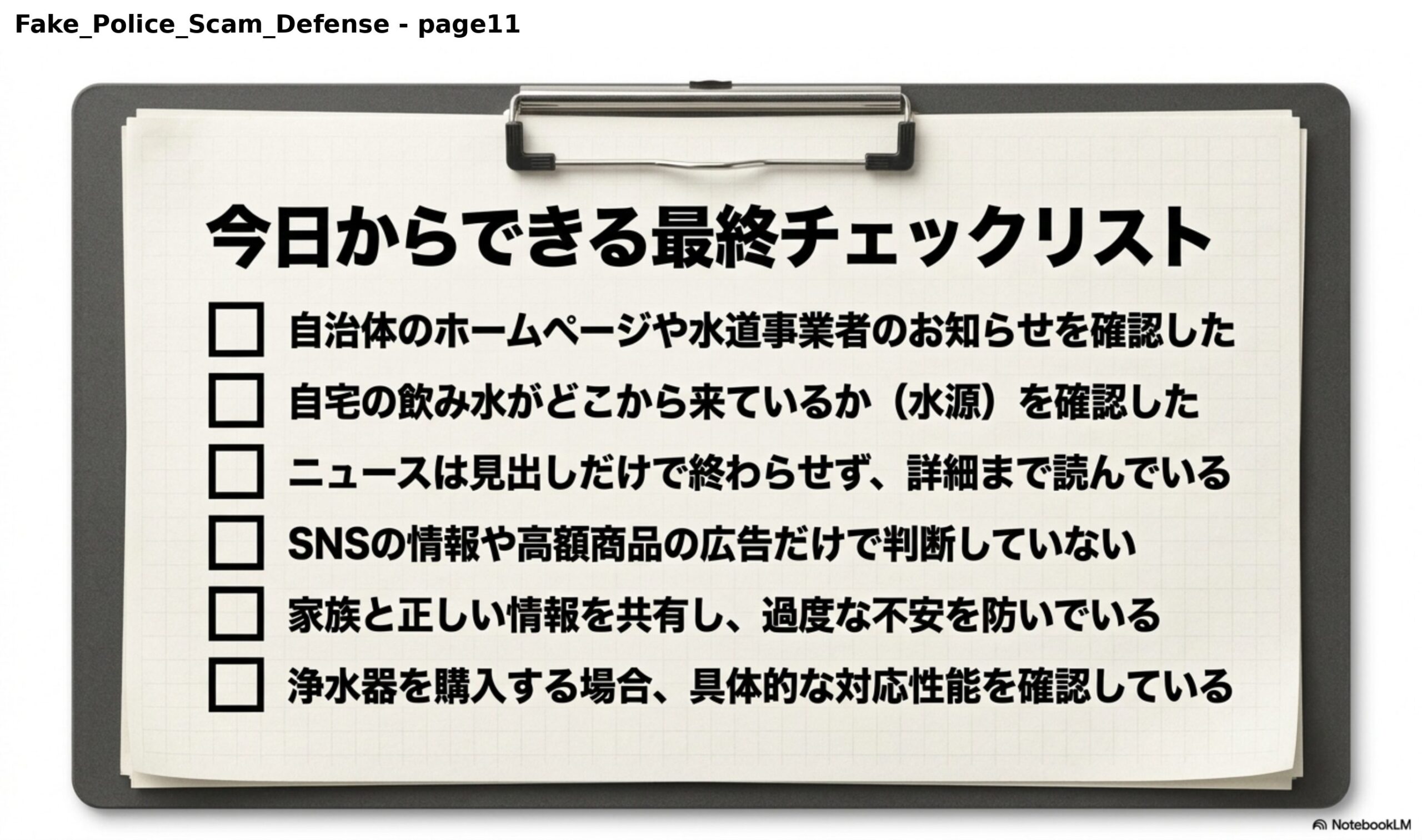 今日からできる最終チェックリスト。自治体のホームページや水道事業者のお知らせを確認した、自宅の飲み水がどこから来ているか（水源）を確認した、ニュースは見出しだけで終わらせず詳細まで読んでいる、SNSの情報や高額商品の広告だけで判断していない、家族と正しい情報を共有し過度な不安を防いでいる、浄水器を購入する場合具体的な対応性能を確認している。