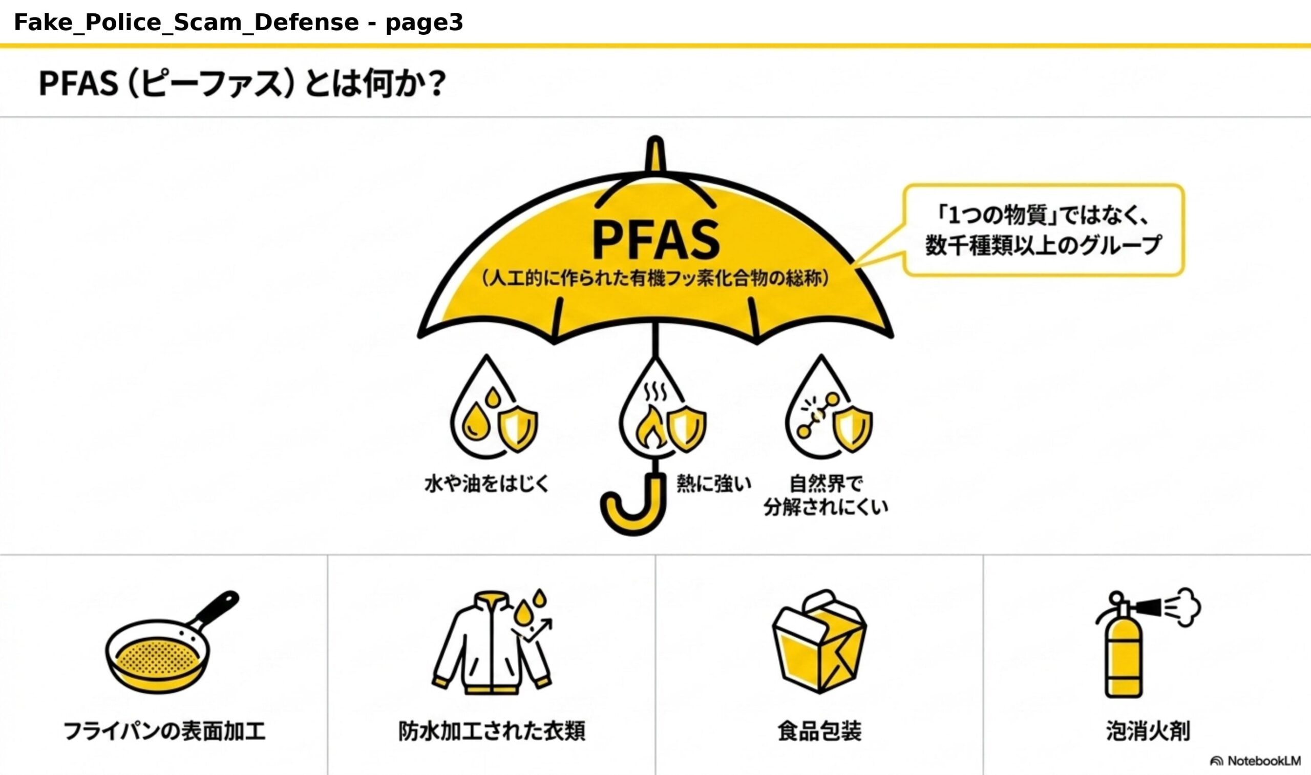 PFAS（ピーファス）とは何か？人工的に作られた有機フッ素化合物の総称。『1つの物質』ではなく、数千種類以上のグループ。水や油をはじく、熱に強い、自然界で分解されにくい。フライパンの表面加工、防水加工された衣類、食品包装、泡消火剤。