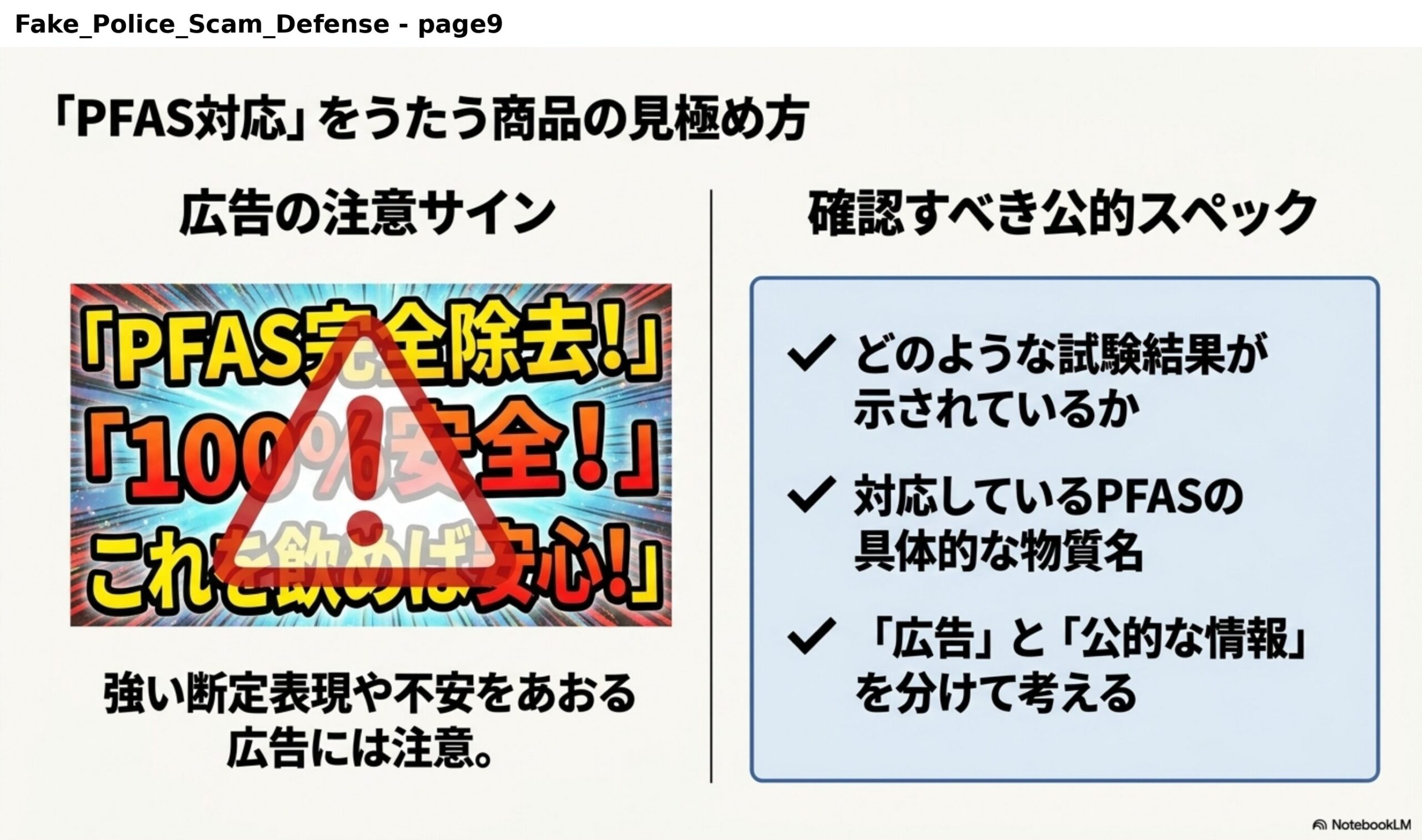『PFAS対応』をうたう商品の見極め方。広告の注意サイン：『PFAS完全除去!』『100%安全!』『これを飲めば安心!』強い断定表現や不安をあおる広告には注意。確認すべき公的スペック：どのような試験結果が示されているか、対応しているPFASの具体的な物質名、『広告』と『公的な情報』を分けて考える。