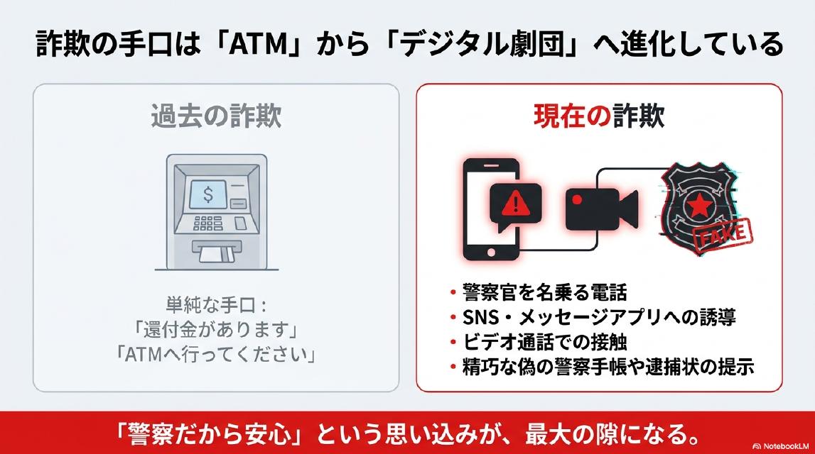 詐欺の手口は『ATM』から『デジタル劇団』へ進化している。過去の詐欺は還付金・ATMという単純な手口。現在の詐欺は警察官を名乗る電話、SNS・メッセージアプリへの誘導、ビデオ通話での接触、精巧な偽の警察手帳や逮捕状の提示という複合的な手口。
