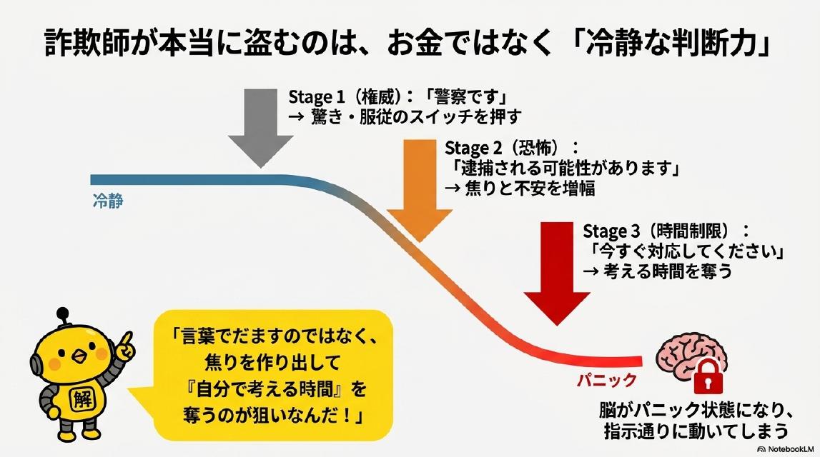 詐欺師が本当に盗むのは、お金ではなく『冷静な判断力』。Stage1（権威）『警察です』で驚き・服従のスイッチを押す。Stage2（恐怖）『逮捕される可能性があります』で焦りと不安を増幅。Stage3（時間制限）『今すぐ対応してください』で考える時間を奪う。脳がパニック状態になり指示通りに動いてしまう。