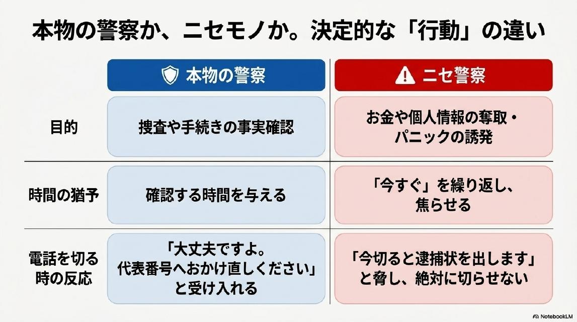 本物の警察か、ニセモノか。決定的な『行動』の違いの比較表。目的：本物は捜査や手続きの事実確認、ニセ警察はお金や個人情報の奪取・パニックの誘発。時間の猶予：本物は確認する時間を与える、ニセ警察は『今すぐ』を繰り返し焦らせる。電話を切る時の反応：本物は『大丈夫ですよ、代表番号へおかけ直しください』と受け入れる、ニセ警察は『今切ると逮捕状を出します』と脅し絶対に切らせない。