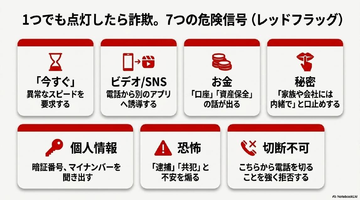 1つでも点灯したら詐欺。7つの危険信号（レッドフラグ）。今すぐ（異常なスピードを要求する）、ビデオ／SNS（電話から別のアプリへ誘導する）、お金（口座・資産保全の話が出る）、秘密（家族や会社には内緒でと口止めする）、個人情報（暗証番号、マイナンバーを聞き出す）、恐怖（逮捕・共犯と不安を煽る）、切断不可（こちらから電話を切ることを強く拒否する）。