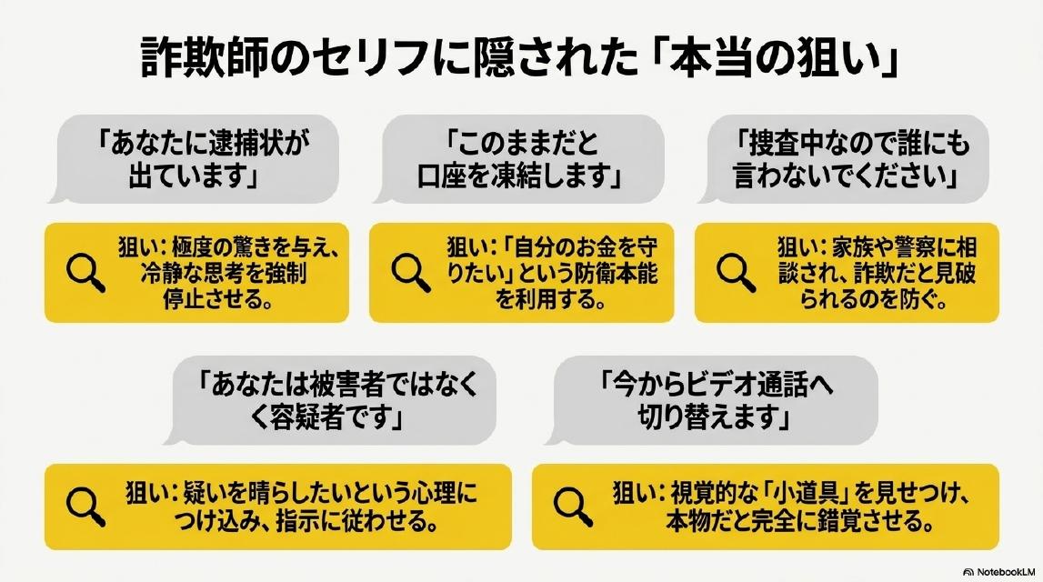 詐欺師のセリフに隠された『本当の狙い』。『あなたに逮捕状が出ています』は極度の驚きを与え冷静な思考を強制停止させる狙い。『このままだと口座を凍結します』は自分のお金を守りたいという防衛本能を利用する狙い。『捜査中なので誰にも言わないでください』は家族や警察に相談され詐欺だと見破られるのを防ぐ狙い。『あなたは被害者ではなく容疑者です』は疑いを晴らしたいという心理につけ込み指示に従わせる狙い。『今からビデオ通話へ切り替えます』は視覚的な小道具を見せつけ本物だと完全に錯覚させる狙い。
