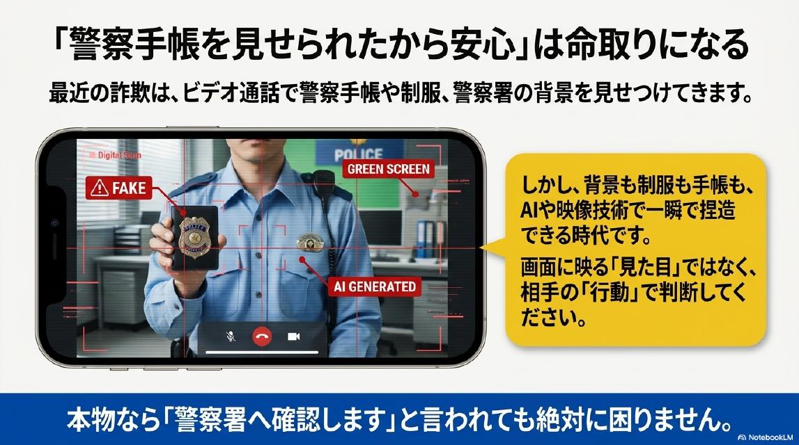 『警察手帳を見せられたから安心』は命取りになる。最近の詐欺はビデオ通話で警察手帳や制服、警察署のような背景を見せつけてくる。しかし背景も制服も手帳もAIや映像技術で一瞬で捏造できる時代。画面に映る見た目ではなく相手の行動で判断する。本物なら『警察署へ確認します』と言われても絶対に困らない。