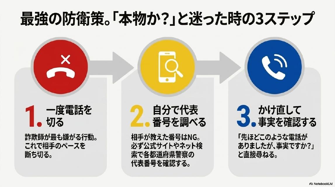 最強の防衛策。『本物か？』と迷った時の3ステップ。ステップ1、一度電話を切る（詐欺師が最も嫌がる行動、これで相手のペースを断ち切る）。ステップ2、自分で代表番号を調べる（相手が教えた番号はNG、必ず公式サイトやネット検索で各都道府県警察の代表番号を確認する）。ステップ3、かけ直して事実を確認する（『先ほどこのような電話がありましたが、事実ですか？』と直接尋ねる）。