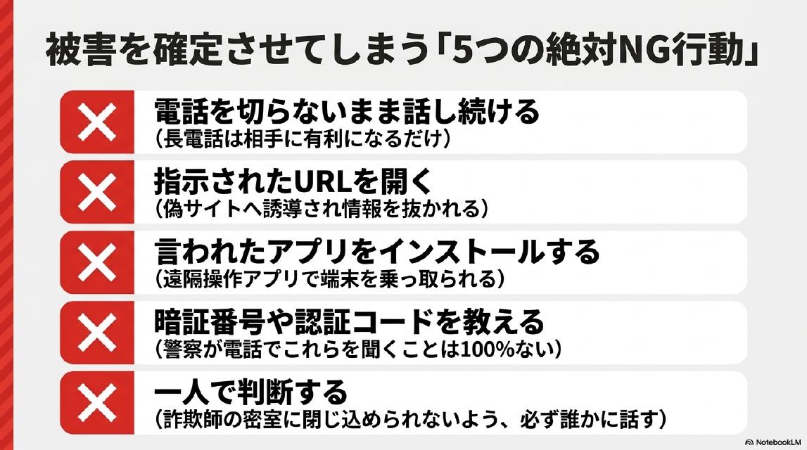被害を確定させてしまう5つの絶対NG行動。電話を切らないまま話し続ける（長電話は相手に有利になるだけ）。指示されたURLを開く（偽サイトへ誘導され情報を抜かれる）。言われたアプリをインストールする（遠隔操作アプリで端末を乗っ取られる）。暗証番号や認証コードを教える（警察が電話でこれらを聞くことは通常ない）。一人で判断する（詐欺師の密室に閉じ込められないよう必ず誰かに話す）。