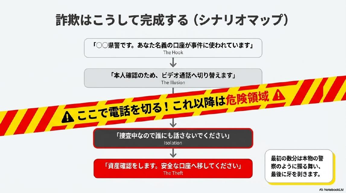 詐欺はこうして完成する（シナリオマップ）。The Hook：『○○県警です。あなた名義の口座が事件に使われています』。The Illusion：『本人確認のため、ビデオ通話へ切り替えます』。この境界線でここで電話を切る、これ以降は危険領域。Isolation：『捜査中なので誰にも話さないでください』。The Theft：『資産確認をします。安全な口座へ移してください』。最初の数分は本物の警察のように振る舞い最後に牙を剥く。