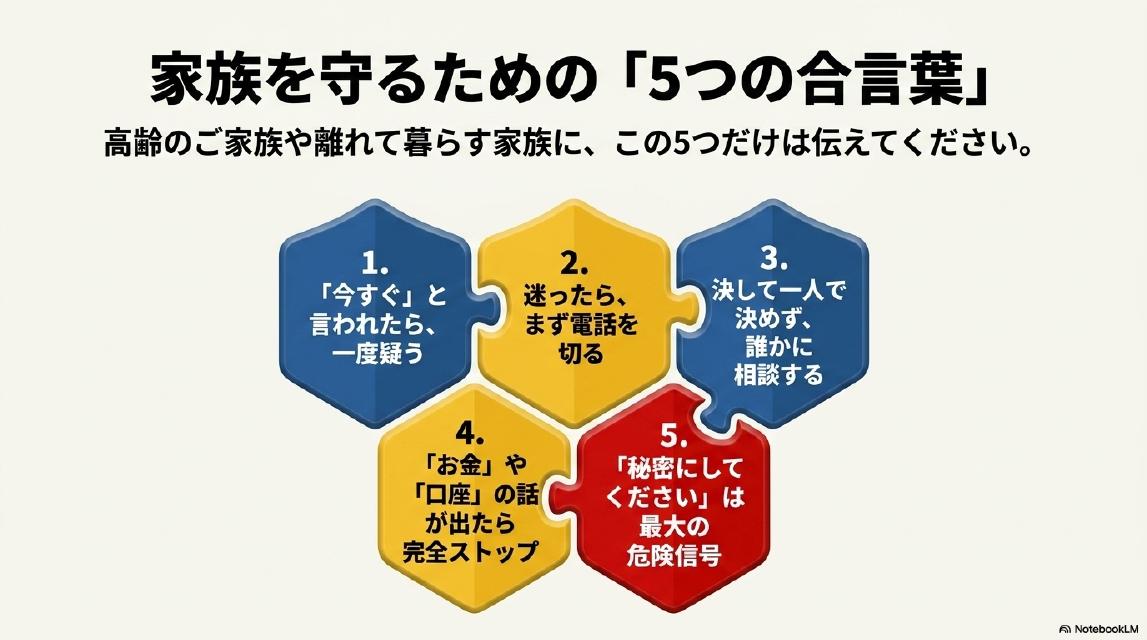 家族を守るための5つの合言葉。高齢のご家族や離れて暮らす家族にこの5つだけは伝えてください。1、『今すぐ』と言われたら一度疑う。2、迷ったらまず電話を切る。3、決して一人で決めず誰かに相談する。4、『お金』や『口座』の話が出たら完全ストップ。5、『秘密にしてください』は最大の危険信号。