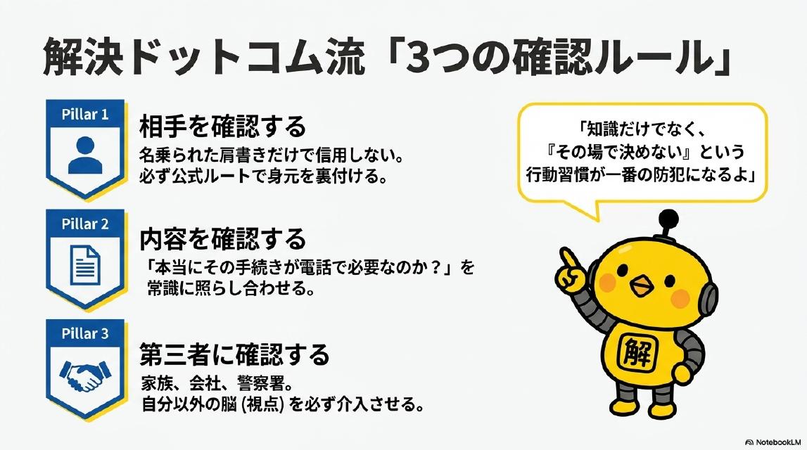 解決ドットコム流3つの確認ルール。Pillar1、相手を確認する。名乗られた肩書きだけで信用しない、必ず公式ルートで身元を裏付ける。Pillar2、内容を確認する。本当にその手続きが電話で必要なのかを常識に照らし合わせる。Pillar3、第三者に確認する。家族、会社、警察署、自分以外の脳（視点）を必ず介入させる。