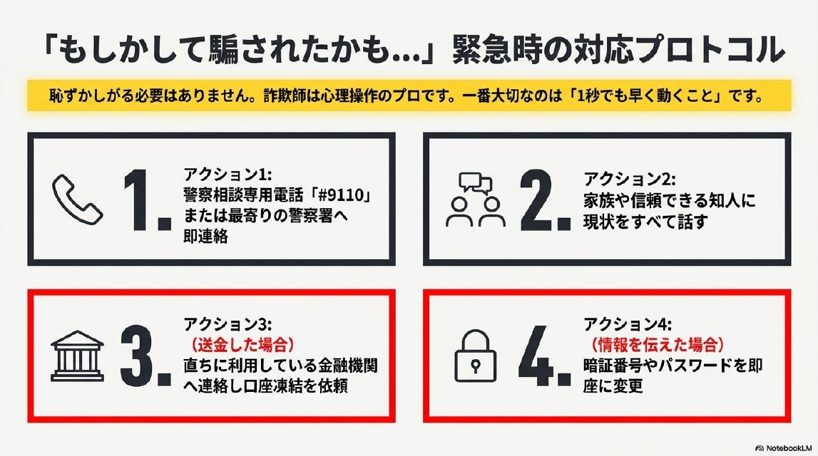『もしかして騙されたかも…』緊急時の対応プロトコル。恥ずかしがる必要はありません、詐欺師は心理操作のプロです、一番大切なのは1秒でも早く動くことです。アクション1、警察相談専用電話#9110または最寄りの警察署へ即連絡。アクション2、家族や信頼できる知人に現状をすべて話す。アクション3（送金した場合）、直ちに利用している金融機関へ連絡し口座凍結を依頼。アクション4（情報を伝えた場合）、暗証番号やパスワードを即座に変更。