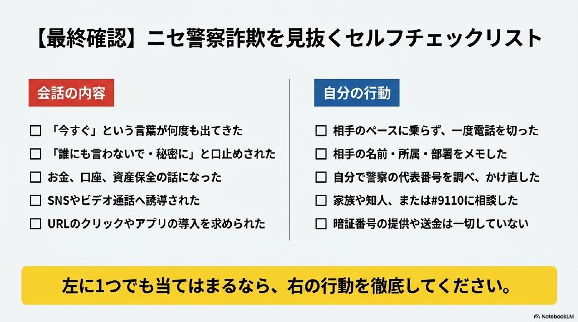 【最終確認】ニセ警察詐欺を見抜くセルフチェックリスト。会話の内容：『今すぐ』という言葉が何度も出てきた、『誰にも言わないで・秘密に』と口止めされた、お金・口座・資産保全の話になった、SNSやビデオ通話へ誘導された、URLのクリックやアプリの導入を求められた。自分の行動：相手のペースに乗らず一度電話を切った、相手の名前・所属・部署をメモした、自分で警察の代表番号を調べかけ直した、家族や知人または#9110に相談した、暗証番号の提供や送金は一切していない。左に1つでも当てはまるなら右の行動を徹底してください。