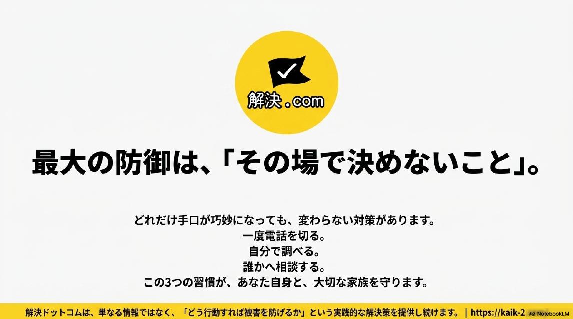最大の防御は、『その場で決めないこと』。どれだけ手口が巧妙になっても変わらない対策があります。一度電話を切る、自分で調べる、誰かへ相談する。この3つの習慣があなた自身と大切な家族を守ります。解決.comのロゴとURLが表示されたまとめスライド。