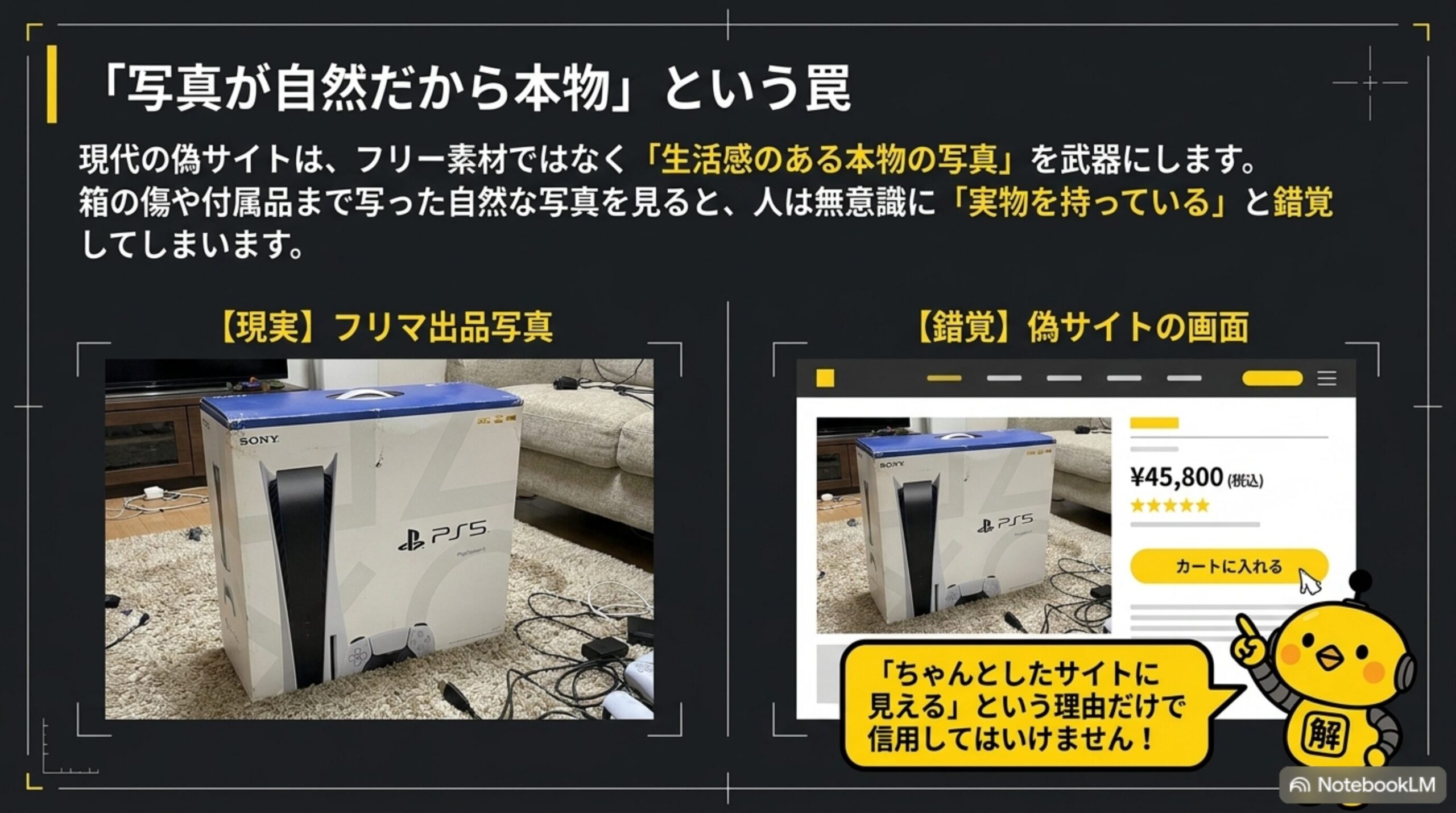 写真が自然だから本物という罠：フリマ出品写真と偽サイト画面の比較