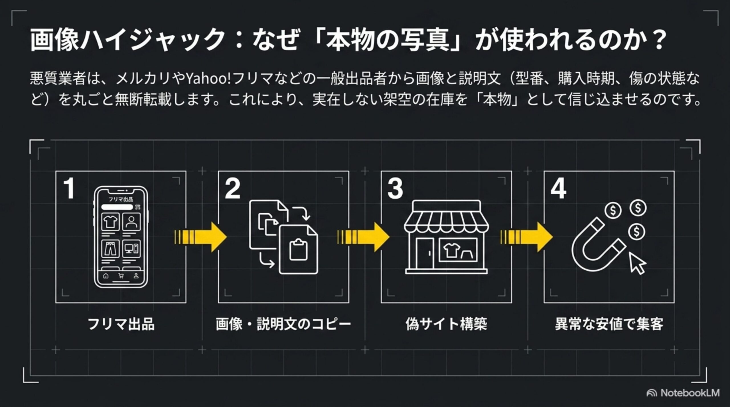 画像ハイジャック：フリマ出品→画像コピー→偽サイト構築→異常な安値で集客の4ステップ